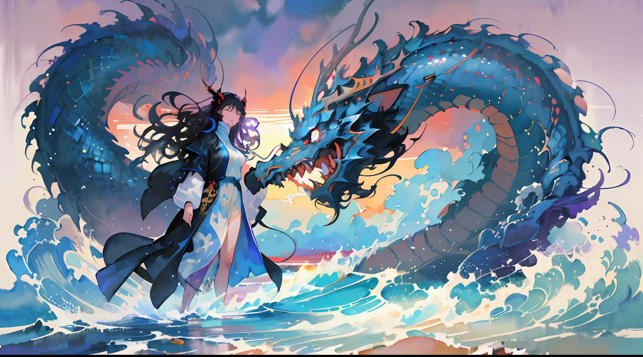 (masterpiece, top quality, best quality,1girl, long hair, (glowing:1.15), (team:1.1), (flowers:1.15), (monarch:1.05),Long coat,surrounded by huge Chinese dragons,dragon open mouse,1girl,solo,light_blue_hair,liquid hair, long hair,floating hair, standing,sundress, liquid clothes, water,waves, tsunami,tide,sea,water dress,fantasy, high contrast,explosions, over exposure, purple and red tone impression , abstract, ((watercolor painting by John Berkey and Jeremy Mann )) brush strokes, negative space,,