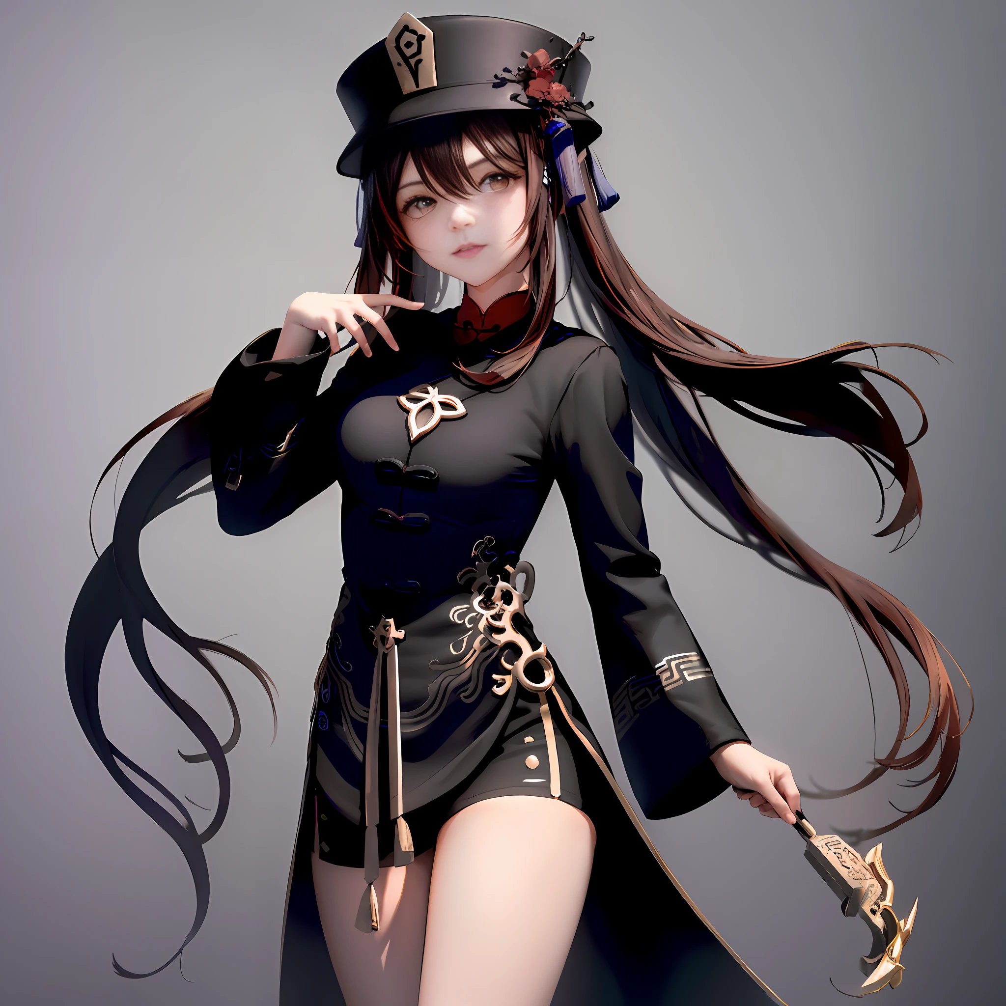 anime girl with long hair wearing a top hat and holding a sword, black-haired mage, full body xianxia, Smooth anime CG art, Fine details. Girl Front, photorealistic anime girl rendering, from girls frontline, Anime girl wearing black dress, render of a cute 3d anime girl, anime girl with long hair, 3 D rendering character art 8 K