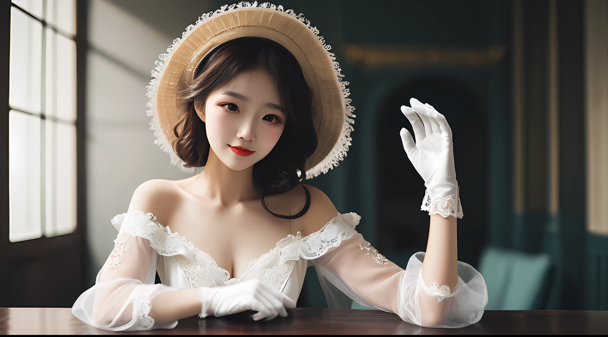 masterpiece, best quality, 1girl, solo,
sexy pose, pensive woman, voluminous dress, intricate lace, embroidered gloves, feathered hat, curled hairdo, pale skin, minimal makeup, tender smile, dainty neckline, nostalgic atmosphere, still life,