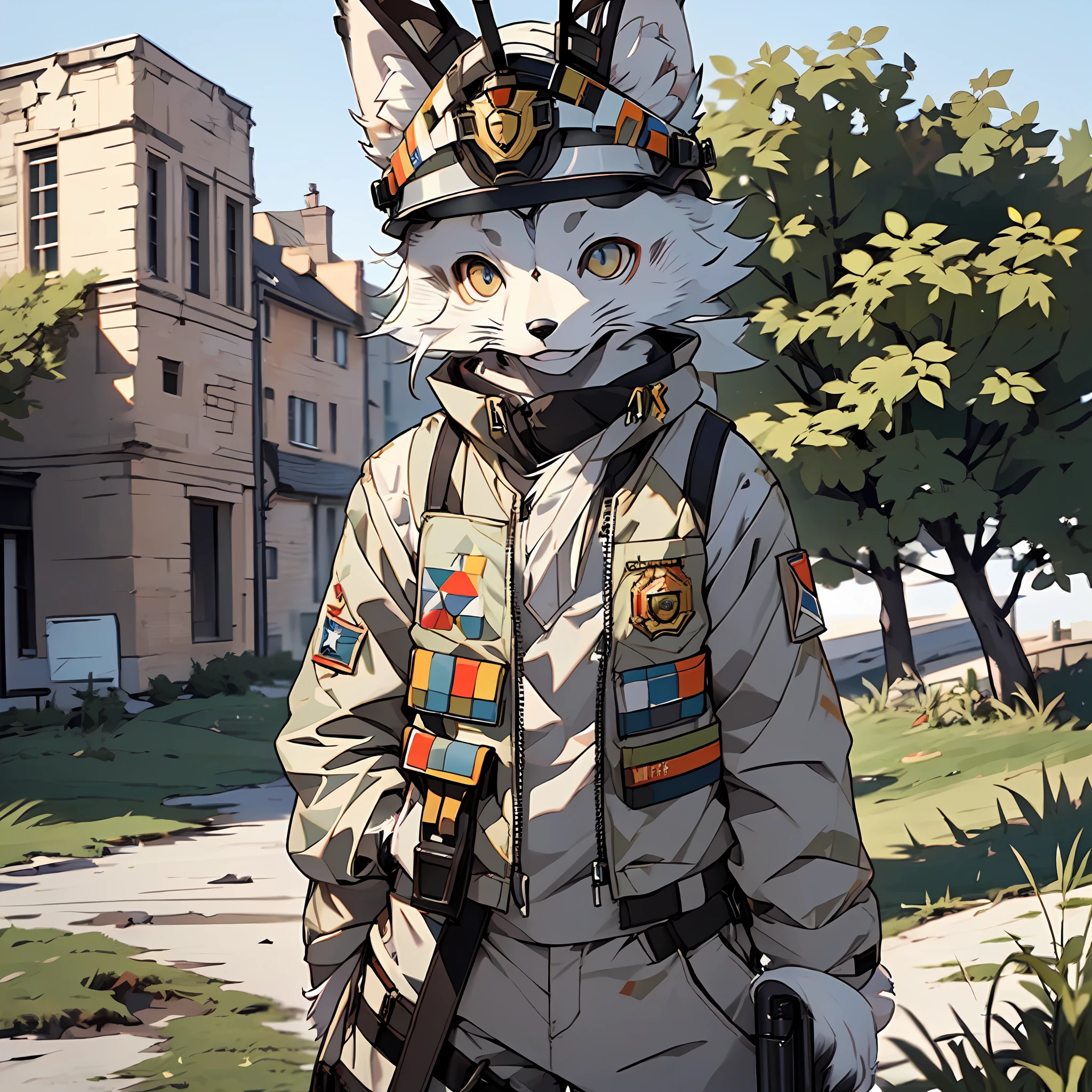 (Best Picture Quality), ((Sharpen 1.2)),(a masterpiece of), The lines are obvious,(((solo person))),(hyper detailled),(was hairy), Hairy all over,furry,(Male Arctic fox:1.5), (grey skin:1.3), (Gray fur:1.3),(Golden eyes), ((Canine paws)), ((Gray paws)),(grey ears),Sharp focus,(The furry feeling of animal ears),((Wearing soldier equipment)),trooper,Modern soldiers,((Wear a bulletproof vest)),((Wearing a soldier's helmet)),wearing rifle on back,On the ruins of the battlefield