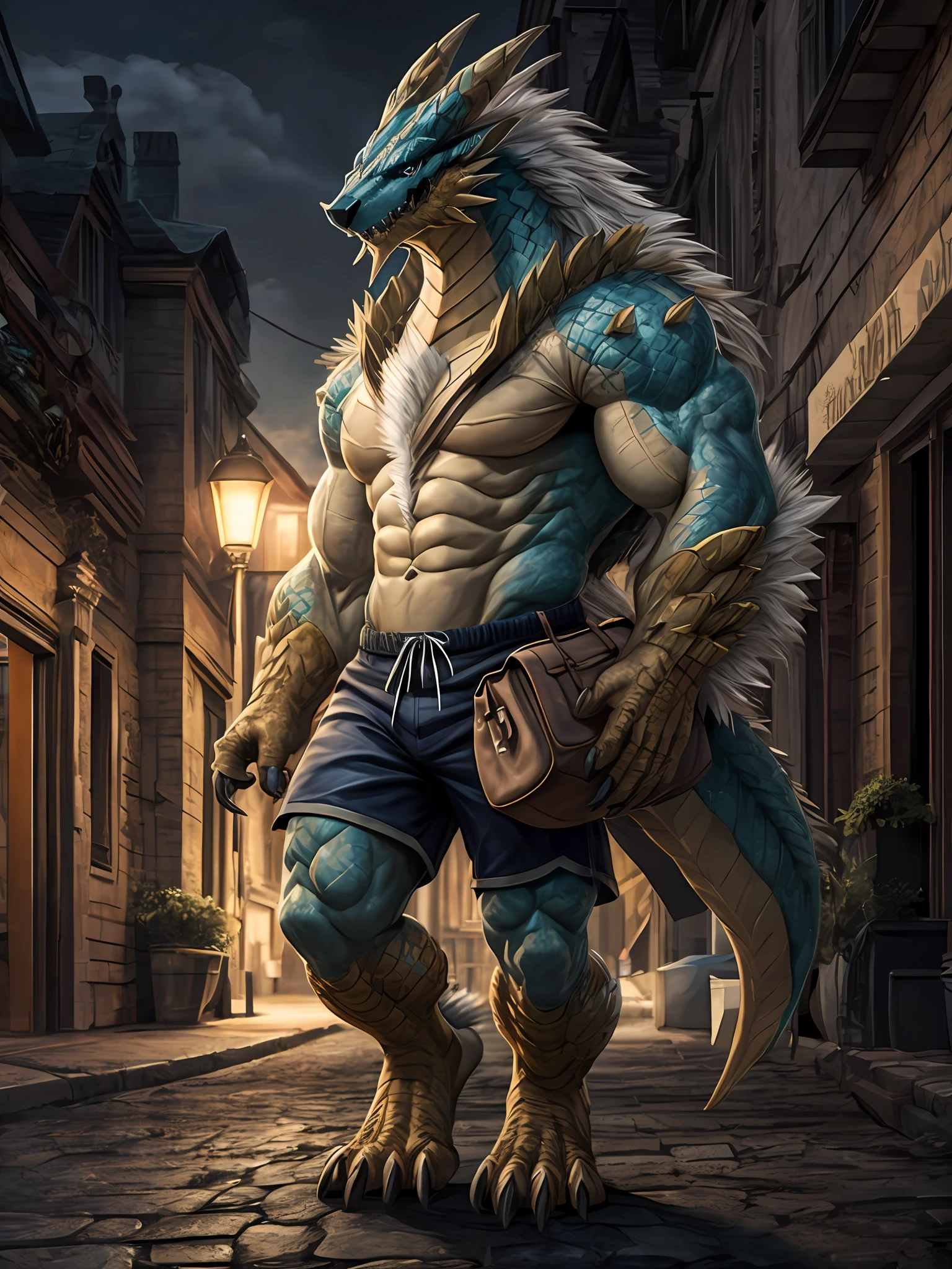 hexagons，zinogre， A male human dragon，Blue skin，The is erect，a backdrop of：Dimly lit streets，Blue shorts Big bag ，implied，Looks happy，A muscle，（digitgrade，toe claws），lamplight，4K level HD