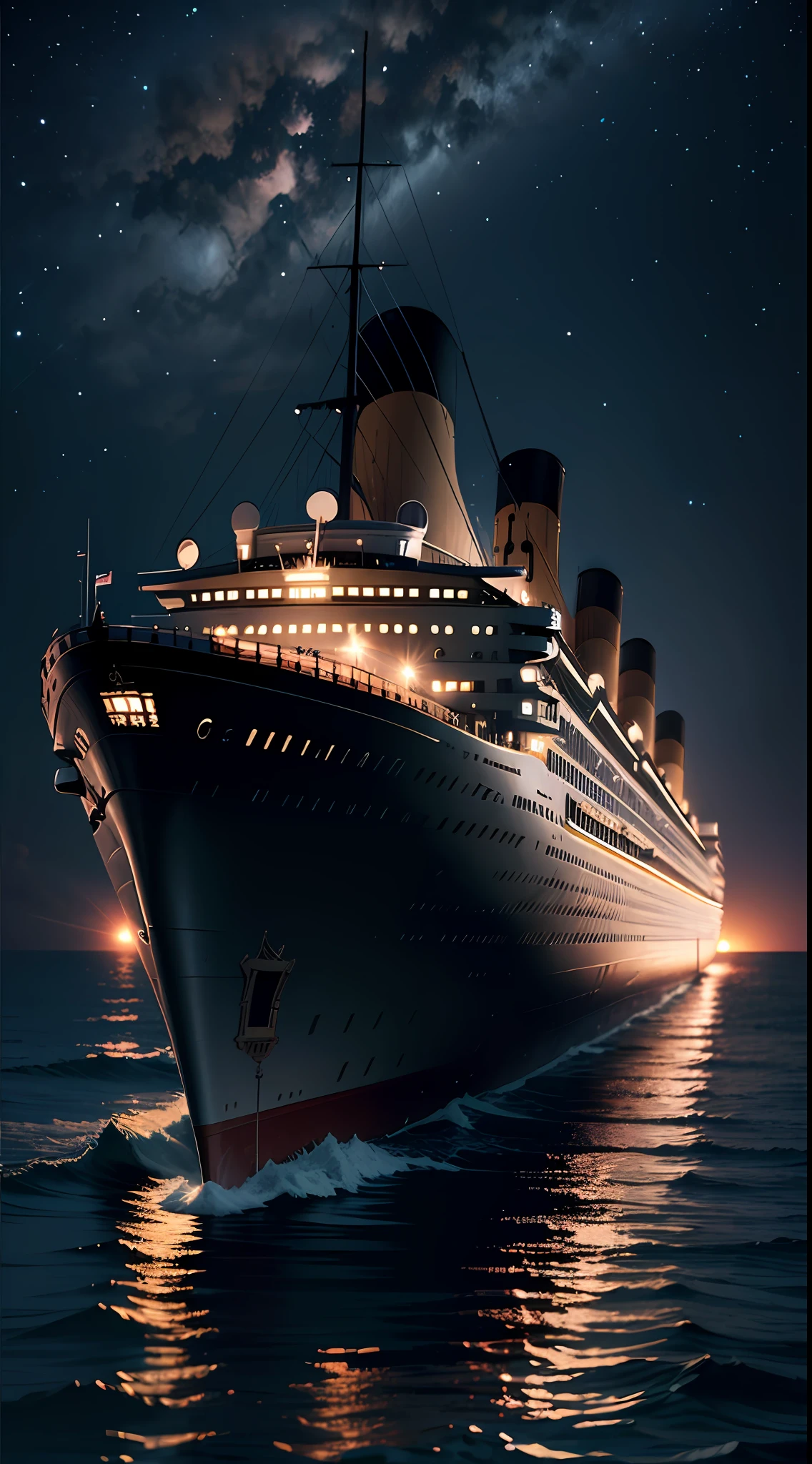 one ship, titanic cruising in the vast ocean, cinematic, ultra realistic, night sky, lights from ship windows (best quality, masterpiece:1.2, ultra high details)