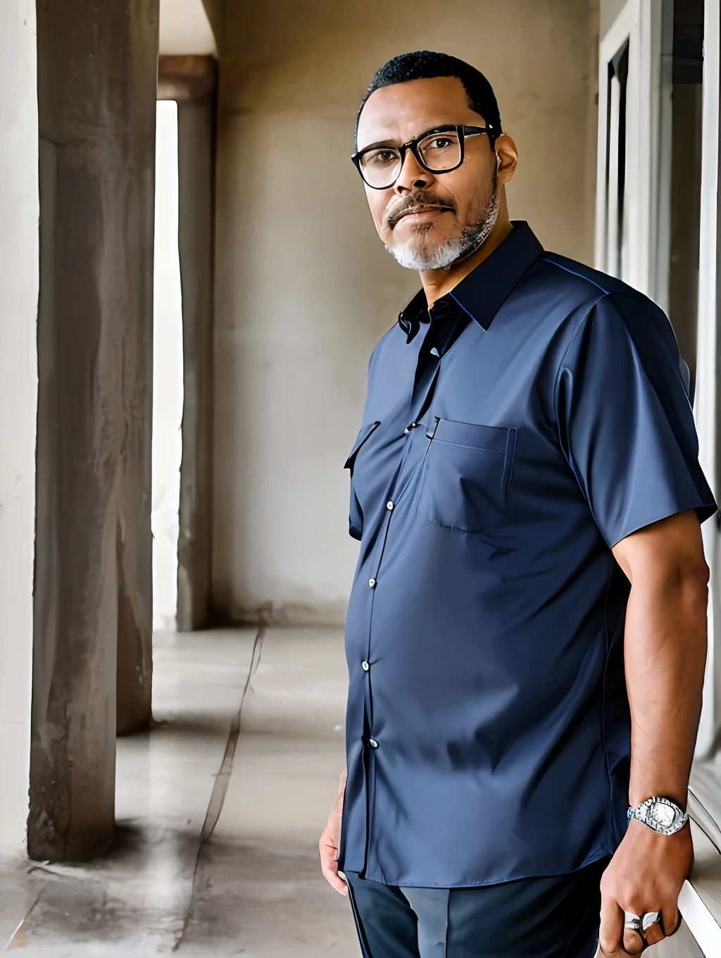 guttonerdvision6, Portrait of a 48-year-old man wearing glasses, serious countenance, com (((Barba de lenhador))), olhos brilhantes castanhos escuros, rosto definido e detalhado, detailed skin with apparent pores, (((vestindo camisa social com gravata))). Photograph for documentation. (((fundo preto retroiluminado))). Iluminacao de estudio. UHD realista. fotografia profissional, Mola 50mm