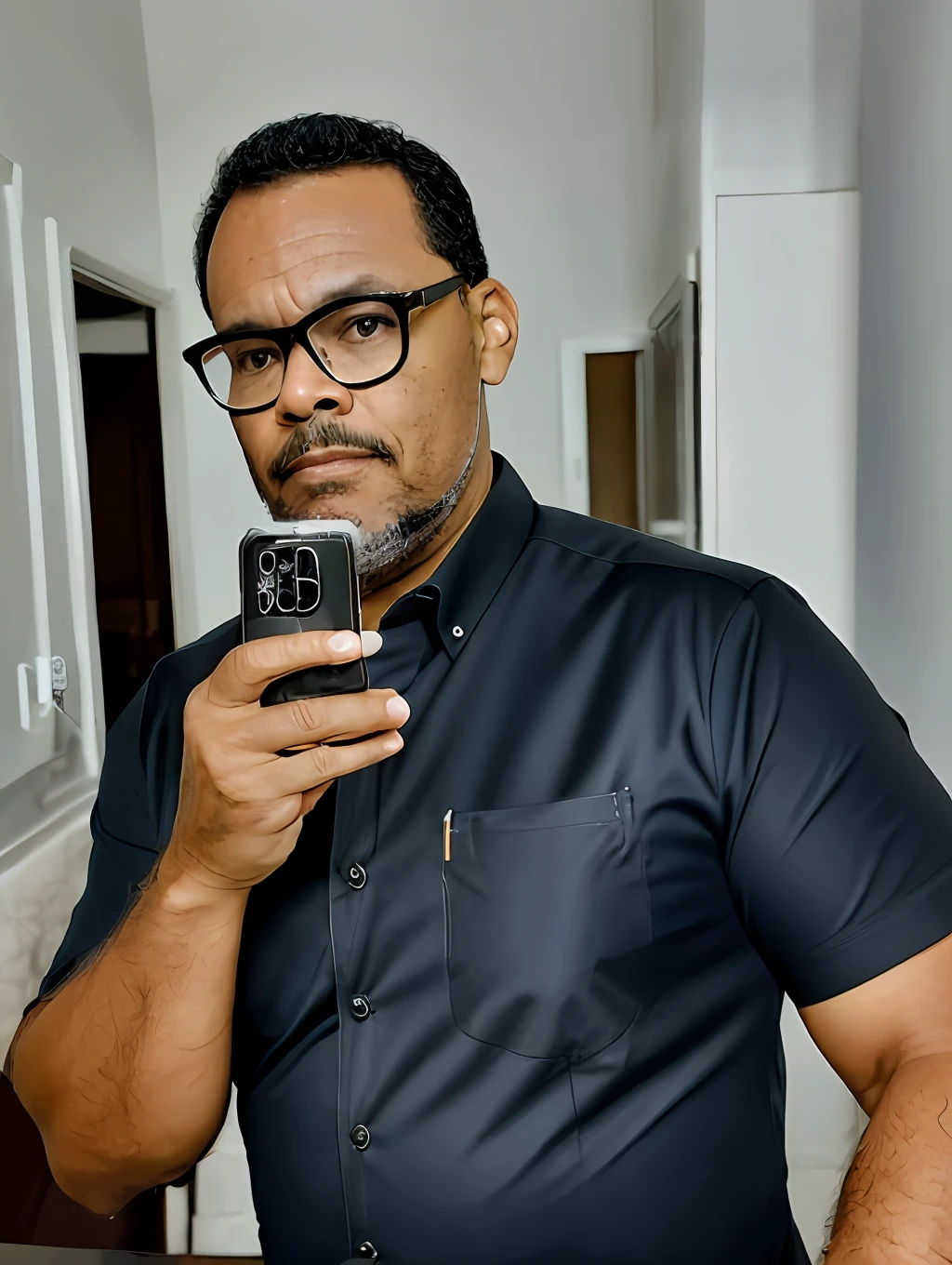 guttonerdvision6, Portrait of a 48-year-old man wearing glasses, serious countenance, com (((Barba de lenhador))), olhos brilhantes castanhos escuros, rosto definido e detalhado, detailed skin with apparent pores, (((vestindo camisa social com gravata))). Photograph for documentation. (((fundo preto retroiluminado))). Iluminacao de estudio. UHD realista. fotografia profissional, Mola 50mm