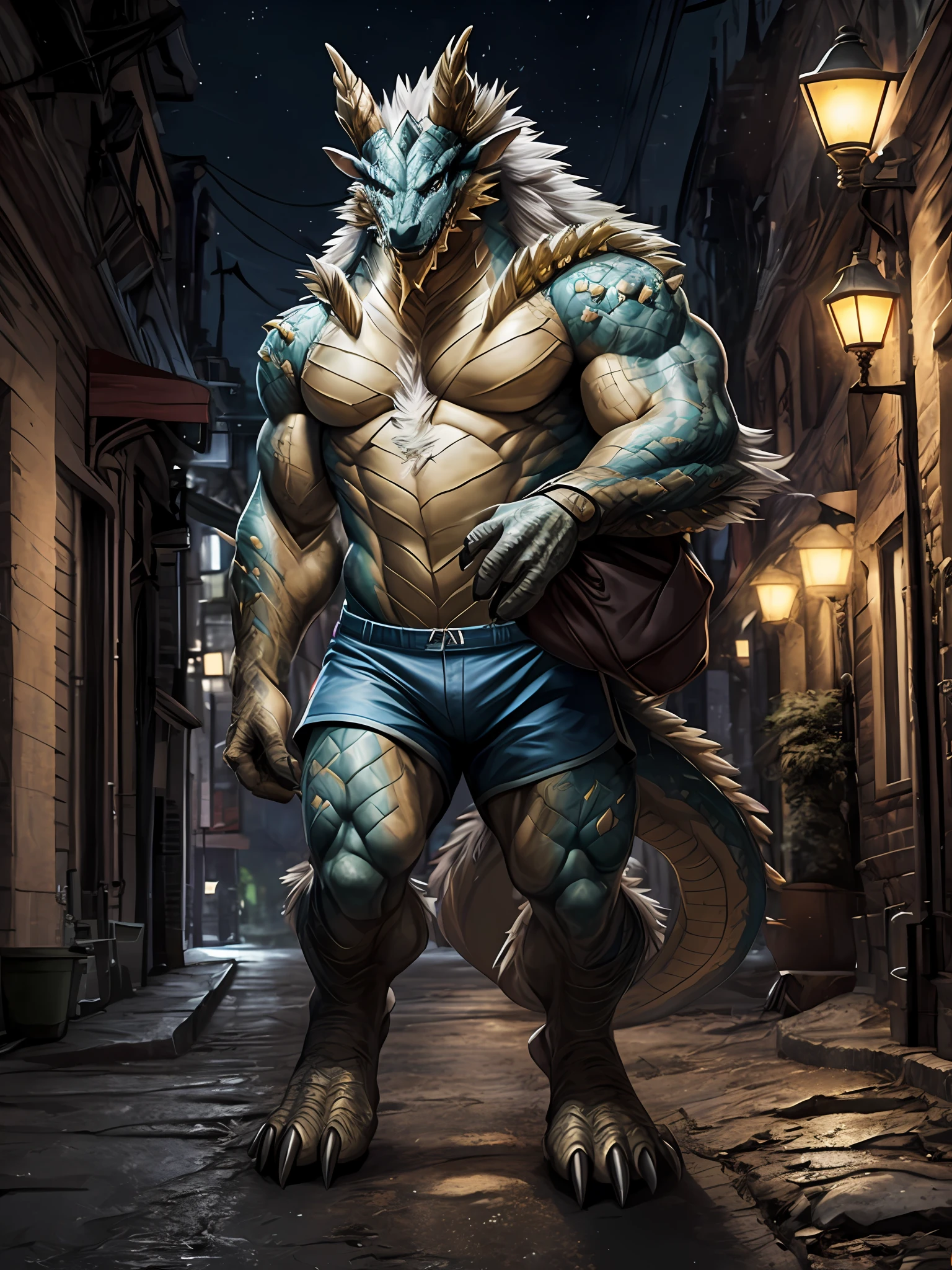 hexagons，zinogre， A male human dragon，Blue skin，The is erect，a backdrop of：Dimly lit streets，Blue shorts Big bag ，implied，Looks happy，A muscle，（digitgrade，toe claws），lamplight，4K level HD