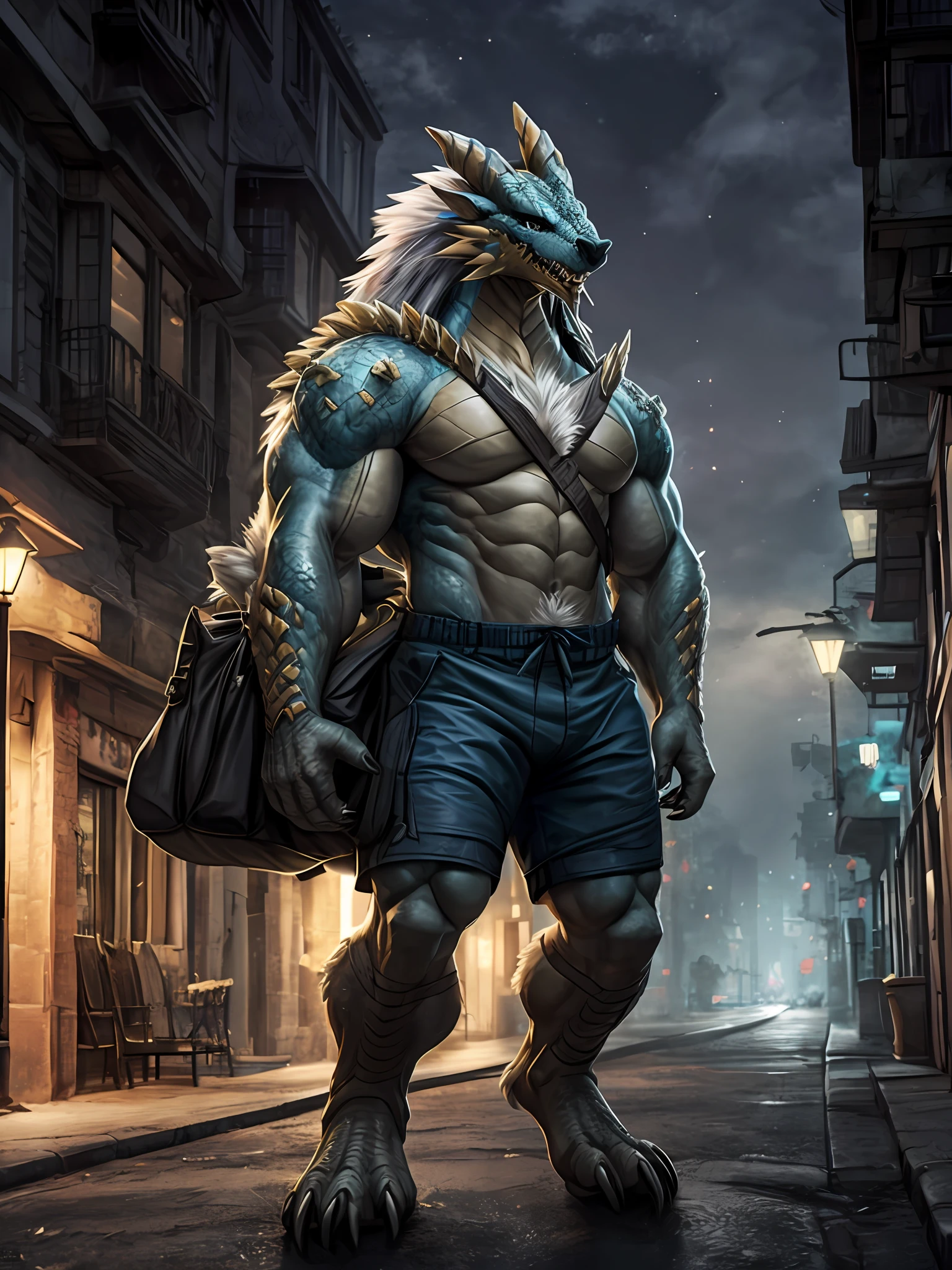 hexagons，zinogre， A male human dragon，Blue skin，The is erect，a backdrop of：Dimly lit streets，Blue shorts Big bag ，implied，Looks happy，A muscle，（digitgrade，toe claws），lamplight，4K level HD