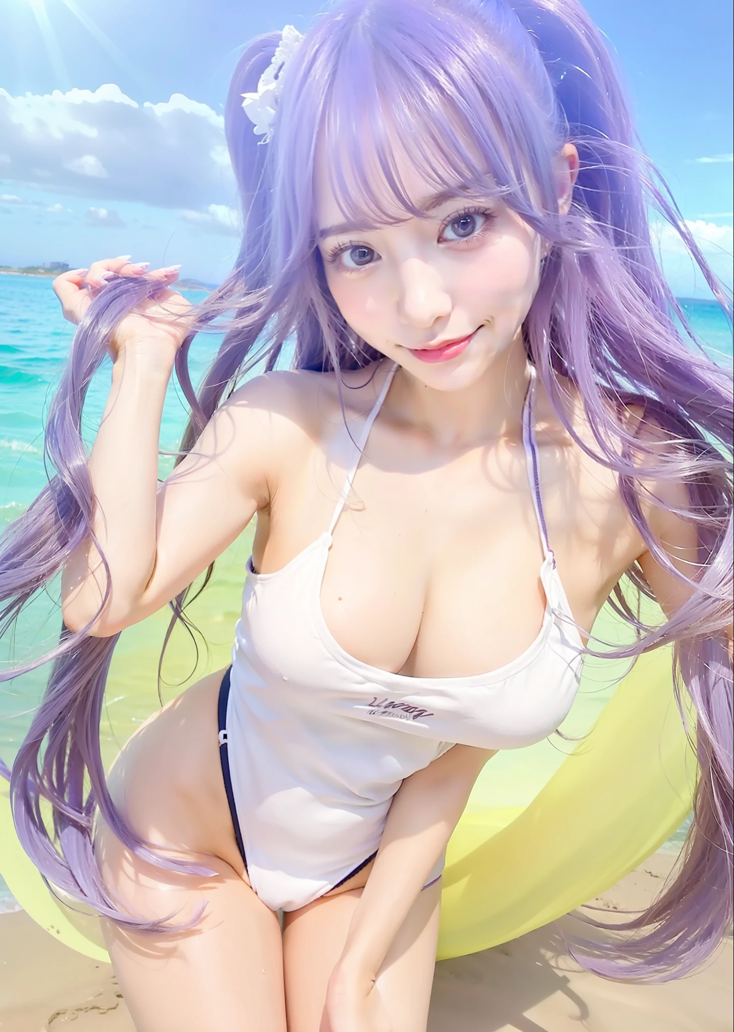 1 girl,purple long hair,white Swim suit,litle smile,purple eyes, beautiful skies, on beach,