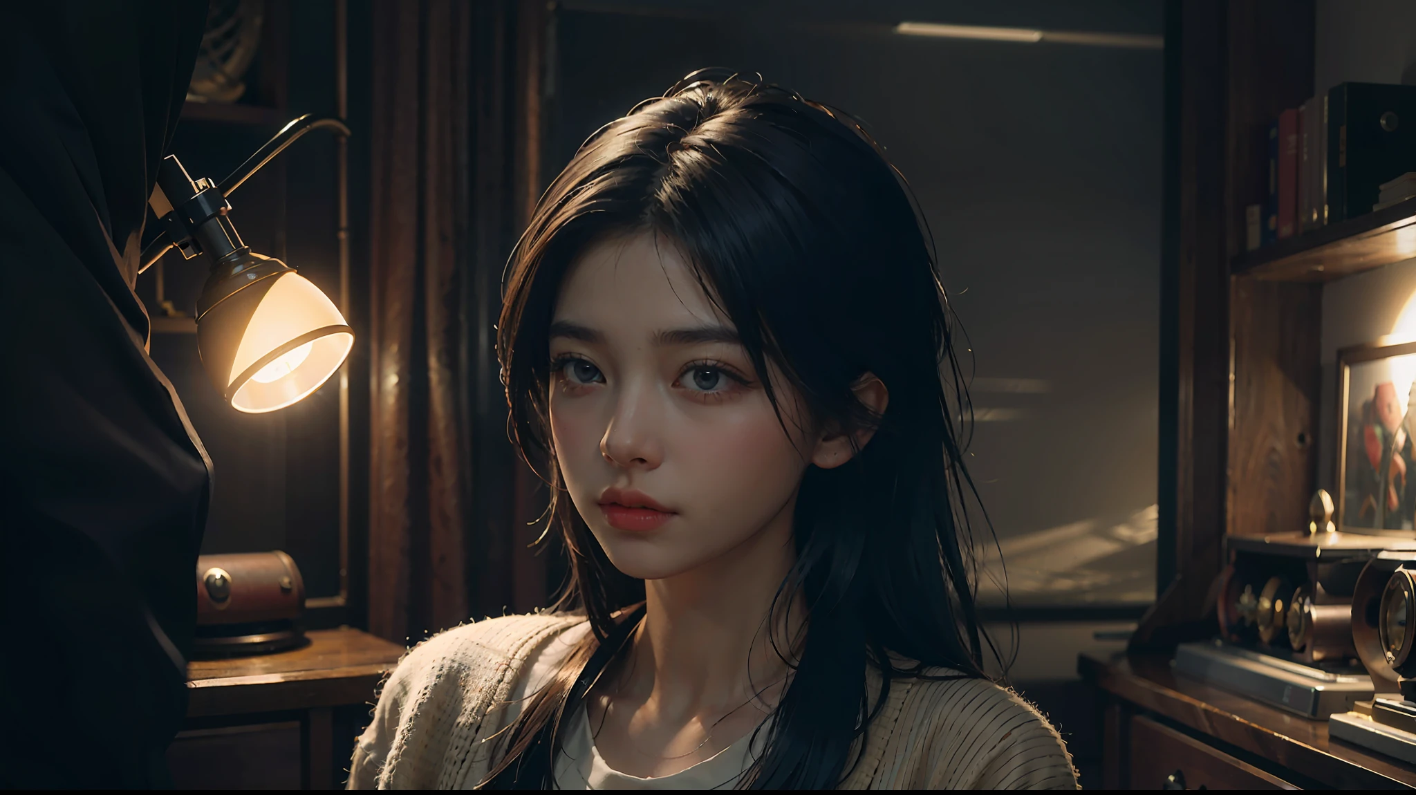 1girl,snapshot aesthetic, transparent/translucent medium, y2k aesthetic,(dramatic lighting:1.4), sharp focus, volumetric fog, 8k UHD, high quality,blue and orange tone impression, necklace , Buzz cut, sweater, Dormitory, masterpiece,ultra realistic,32k,extremely detailed CG unity 8k wallpaper, best quality