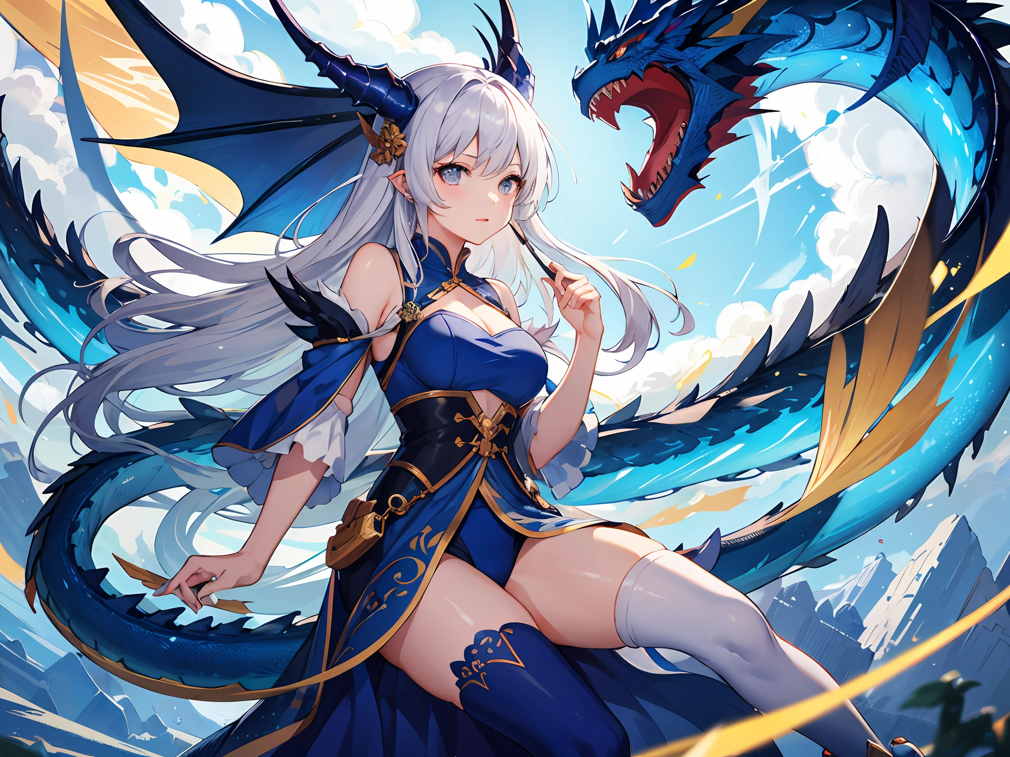 beste-Qualit、шедевр、A beautiful girl dressed in blue clothes reminiscent of a blue dragon、Large blue dragon of top quality behind