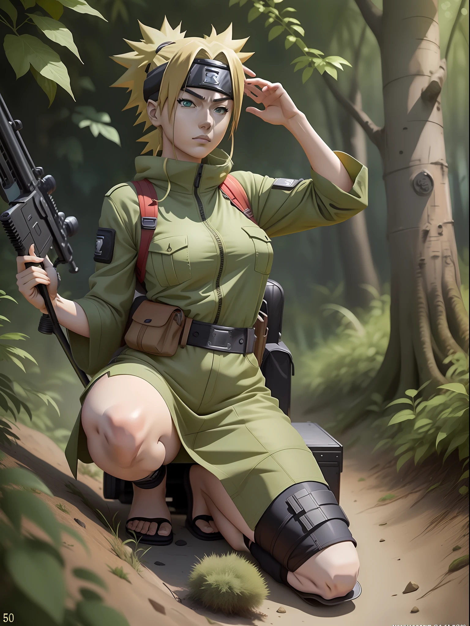 Temari (naruto anime ) in stealth unit uniform , in jungle bushes , sniper rifle ( AS-50 ) , full body , seductiv, best quality , masterpiece , 8k , best illustration