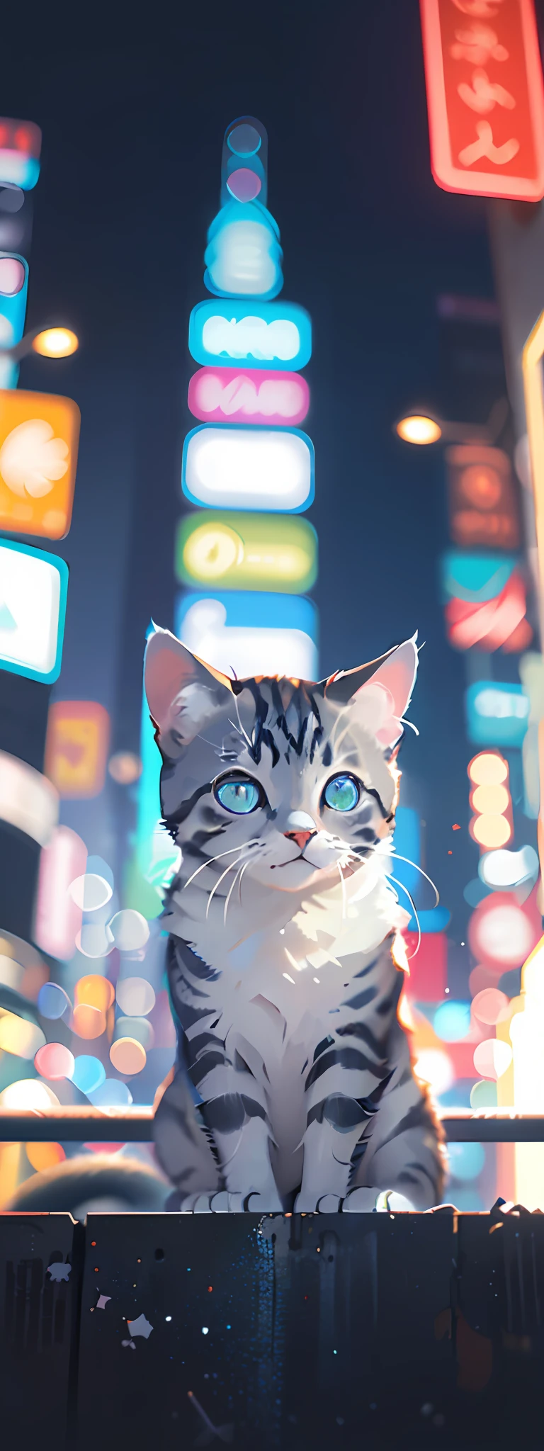 (best quality) a short and (ultra-detailed) blue-gray kitten with (cool twinkling) eyes stands confidently in front of a (blurry city) backdrop of neon lights and high-rise buildings in the distance. The contrast of the (fashionable) kitten against the heavily urban scene emphasizes the (arrogance).