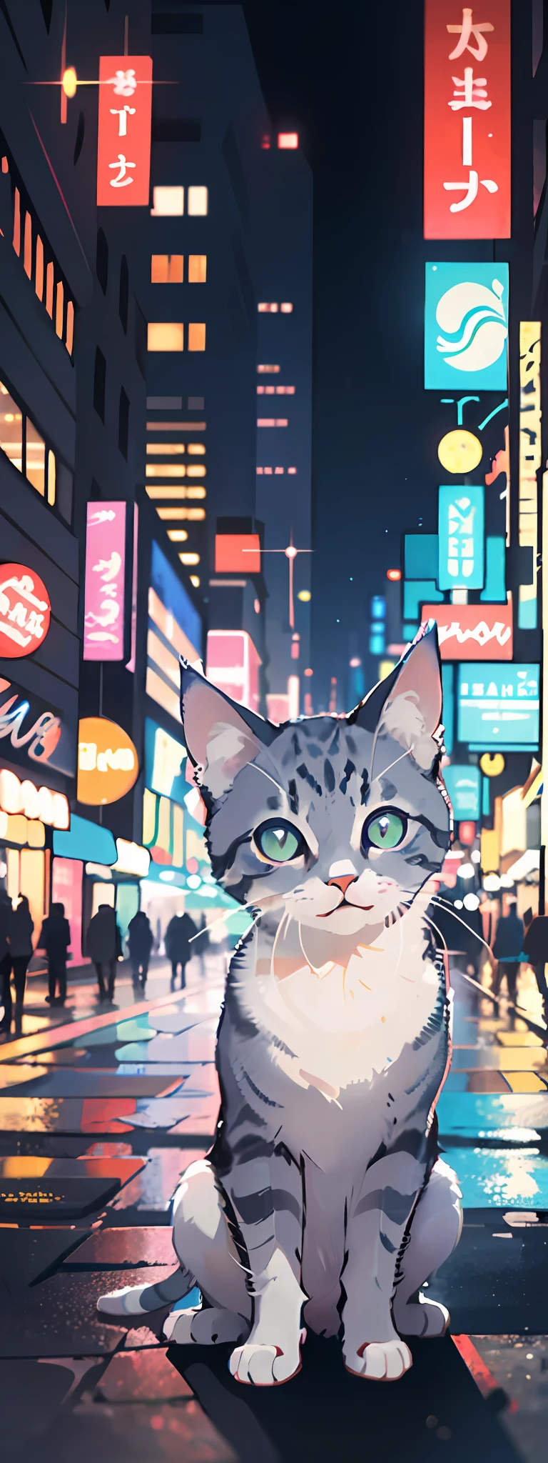 (best quality) a short and (ultra-detailed) blue-gray kitten with (cool twinkling) eyes stands confidently in front of a (blurry city) backdrop of neon lights and high-rise buildings in the distance. The contrast of the (fashionable) kitten against the heavily urban scene emphasizes the (arrogance).