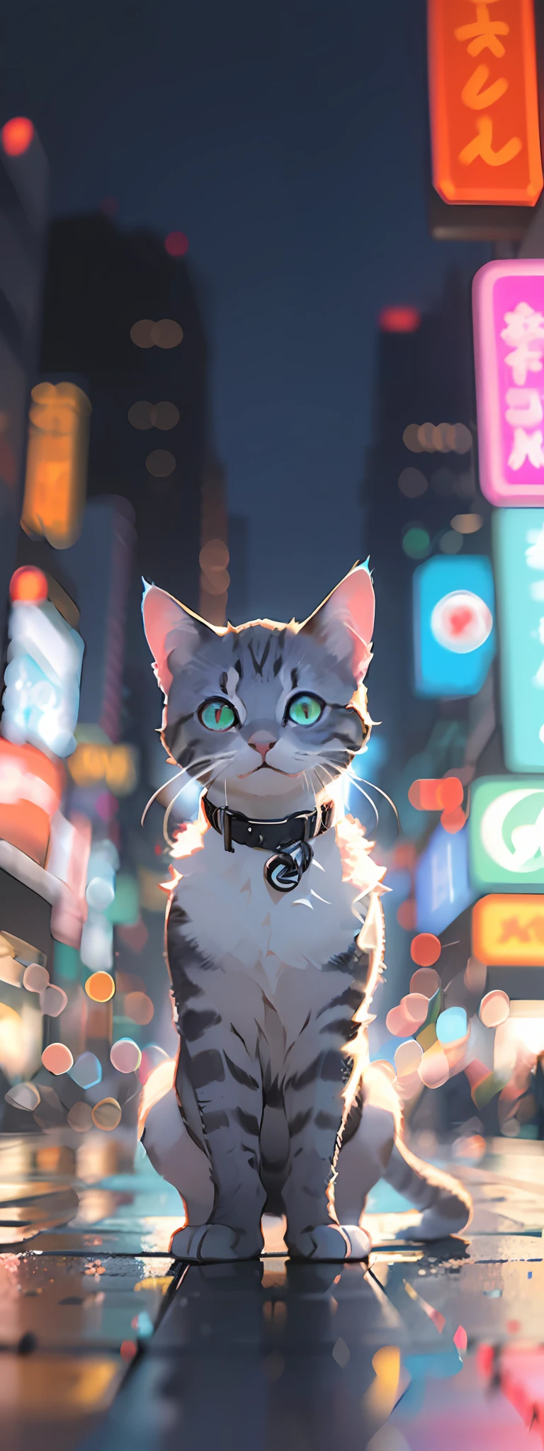 (best quality) a short and (ultra-detailed) blue-gray kitten with (cool twinkling) eyes stands confidently in front of a (blurry city) backdrop of neon lights and high-rise buildings in the distance. The contrast of the (fashionable) kitten against the heavily urban scene emphasizes the (arrogance).