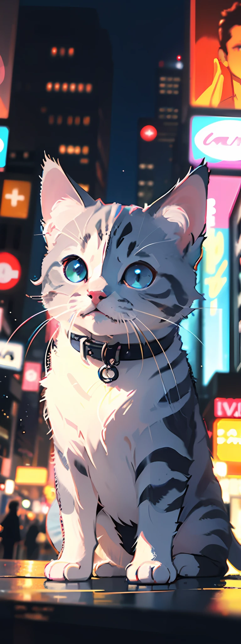 (best quality) a short and (ultra-detailed) blue-gray kitten with (cool twinkling) eyes stands confidently in front of a (blurry city) backdrop of neon lights and high-rise buildings in the distance. The contrast of the (fashionable) kitten against the heavily urban scene emphasizes the (arrogance).