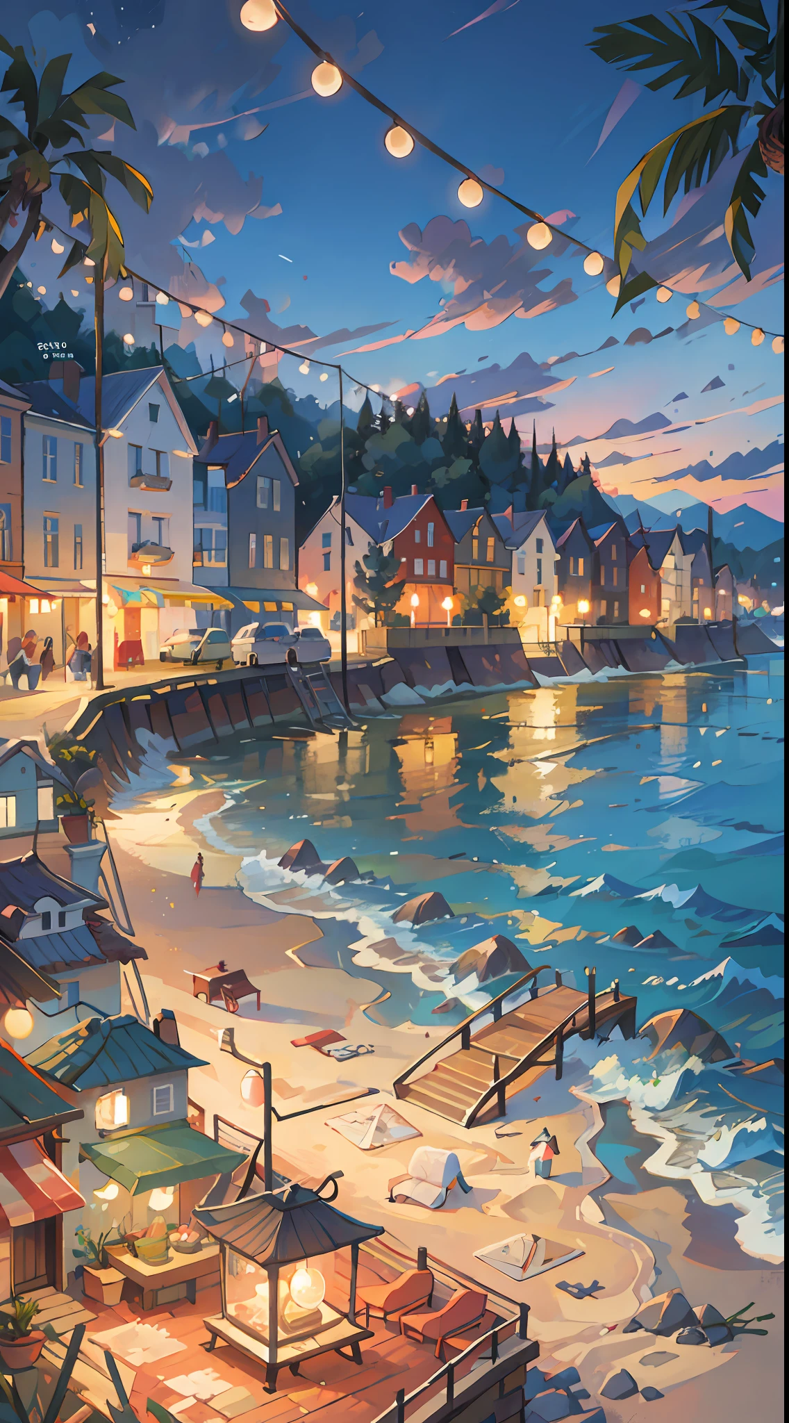 Seaside town, beach, night