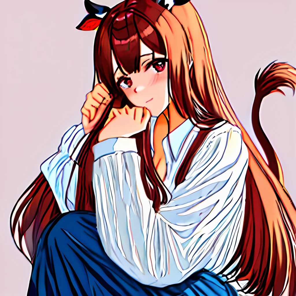 "My body is cow and my face has a sweet look.
My ears are big and I have a tail, cornos e um rabo de vaca.
I wear a long skirt and a button-down shirt to hide my horned cow parts.
My hands are human and I have an innocent look.
