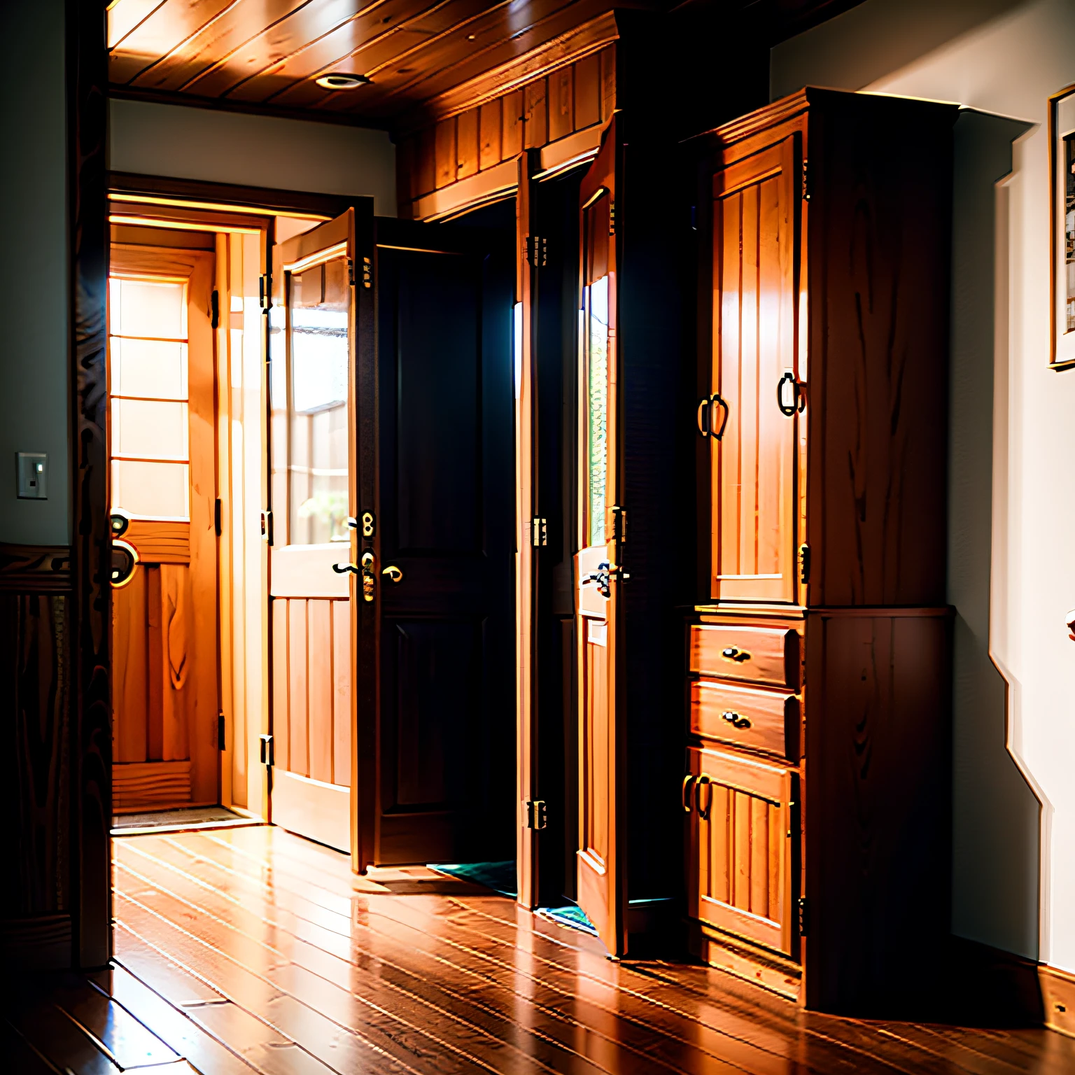 the best quality,wooden cabin,Entrance,Dimly lit,A hyper-realistic,Anime style,horryfing,shadowy ,Shoe cabinet,tidy,Women's shoes,Fill up your shoes --auto