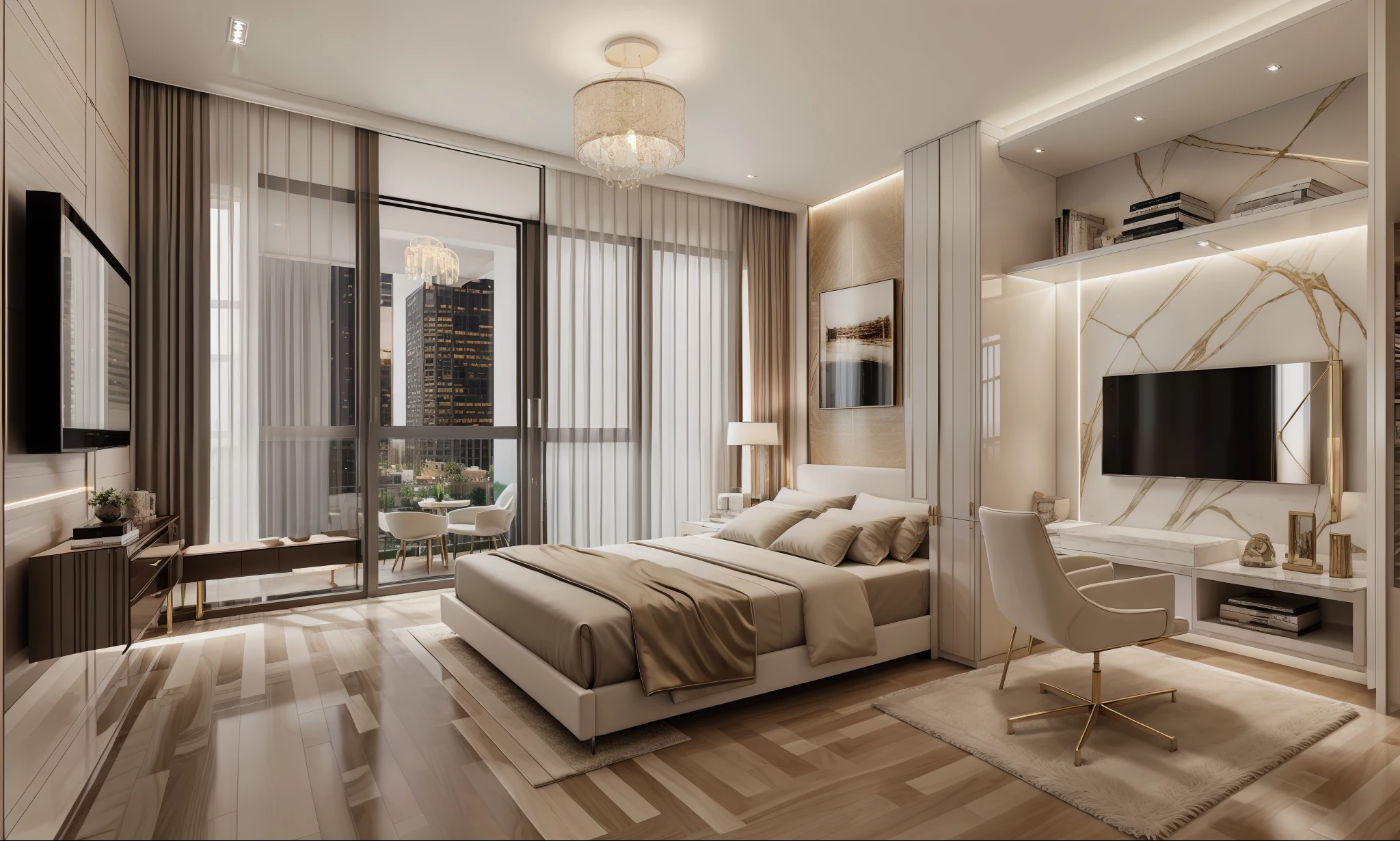 best quality, master picece, hyper detail, supper detail, best realistic, (modern bedroom, beautiful lighting, shimmering)|[dreamy:1.2+airy:0.9] --auto