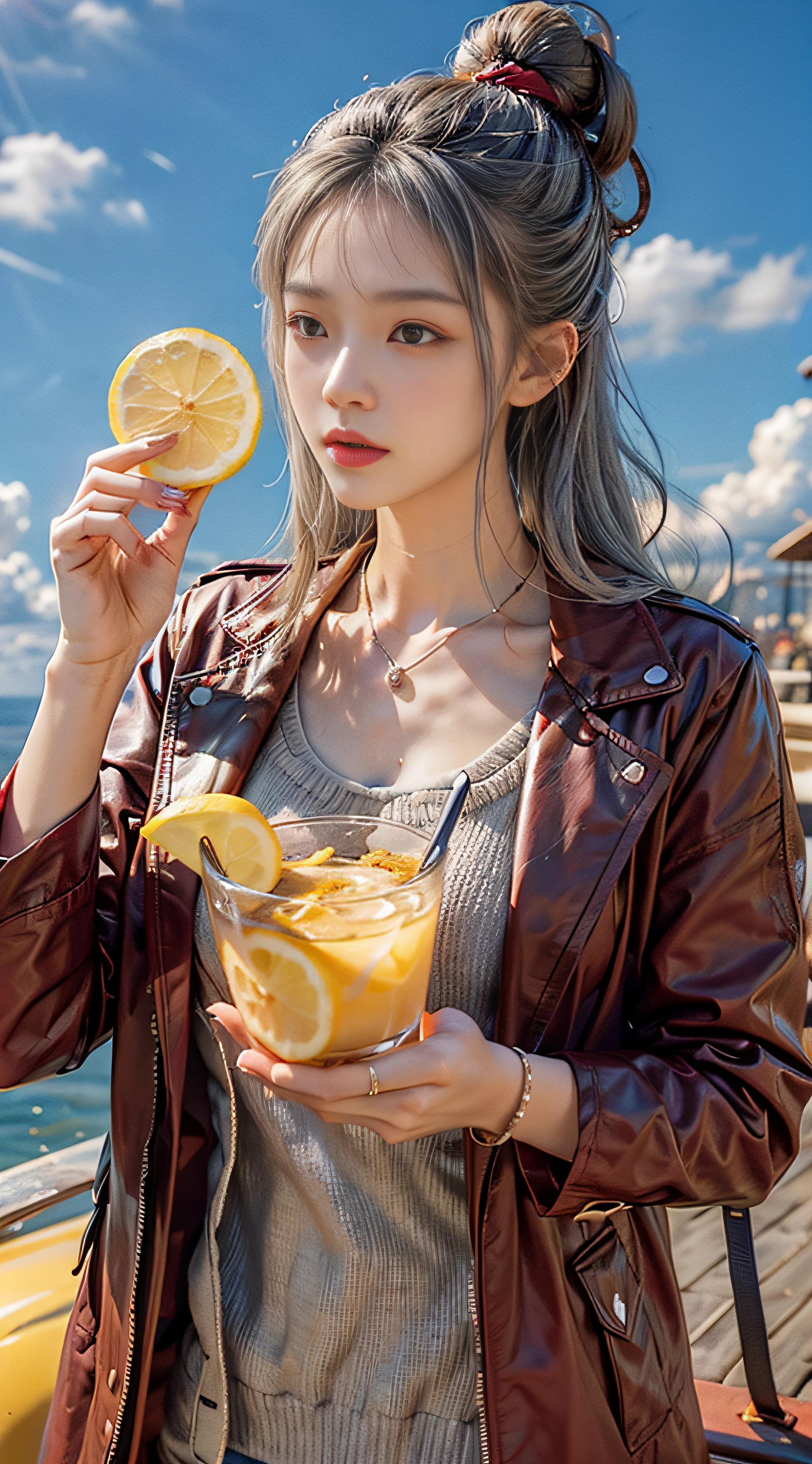 Gray sweater，Burgundy leather coat，Gray hair，Ethereal atmosphere，lemon，lemon juice，Sunny with blue sky，beautiful cloud，Whole lemon