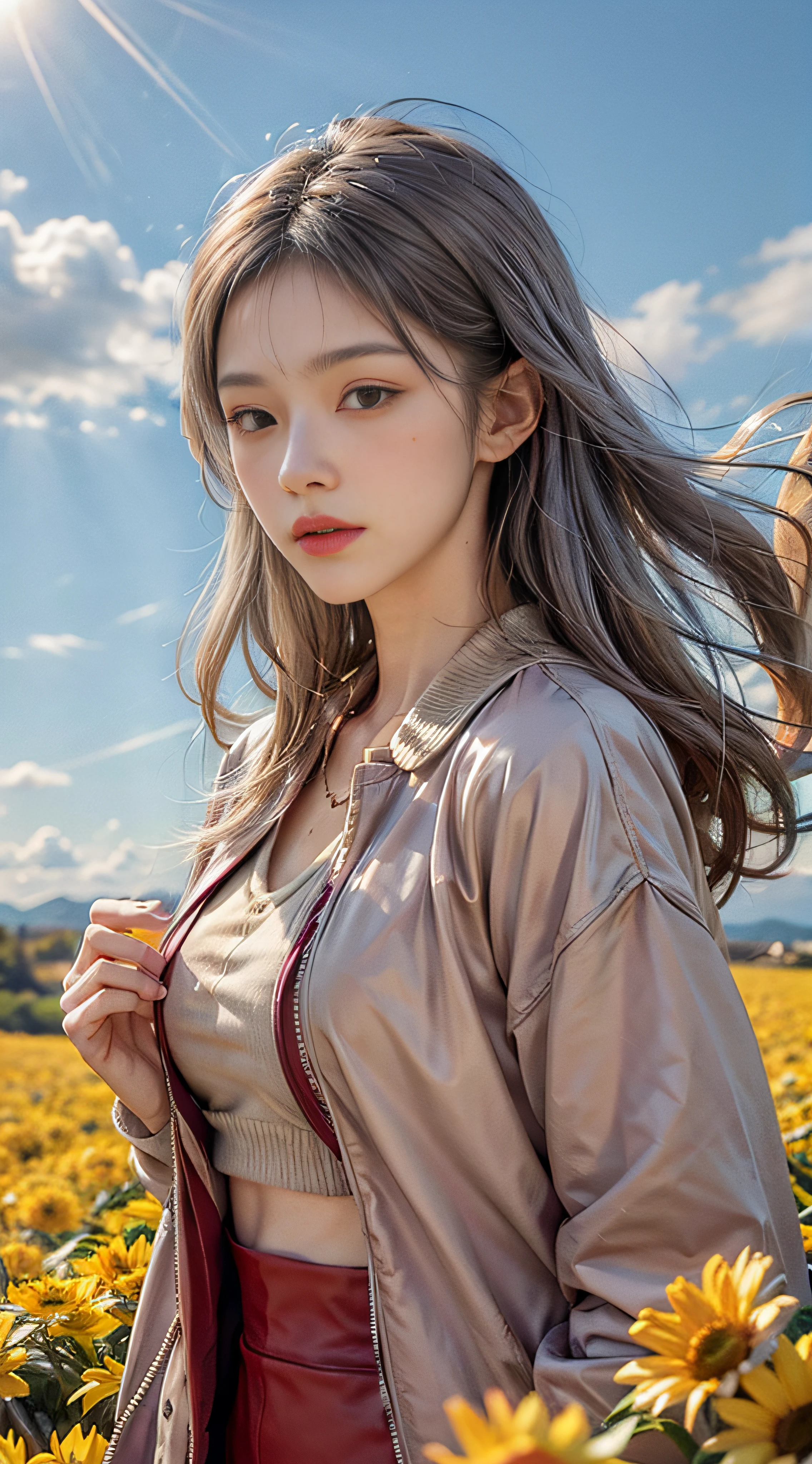 Gray sweater,Burgundy leather coat,Gray hair,Ethereal atmosphere,lemon,lemon juice,Sunny with blue sky,beautiful cloud,Whole lemon