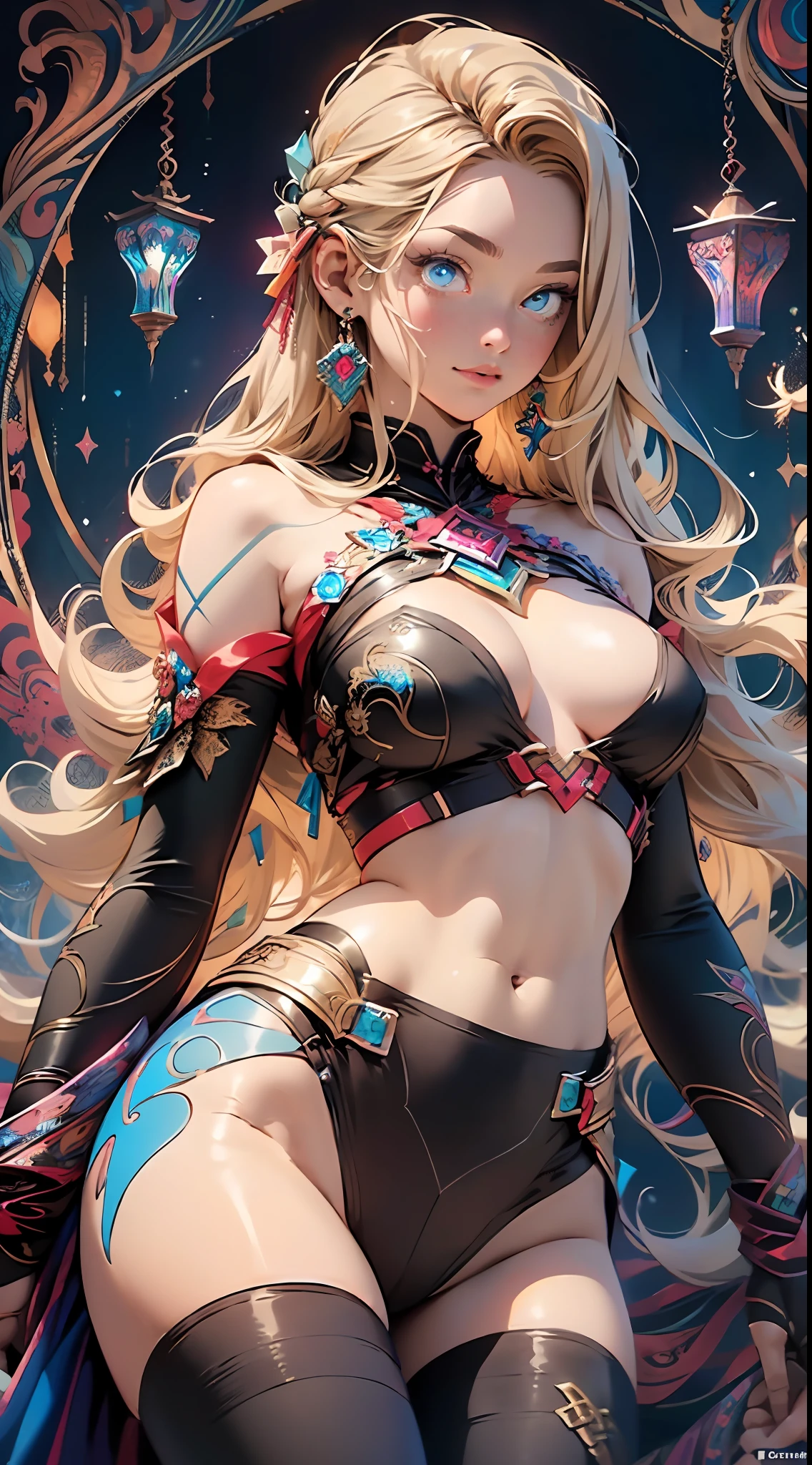 Realistic, (masterpiece, top quality, best quality, official art, beauty and aesthetics: 1.2), very detailed, fractal art, colorful, most detailed, zentangle, (abstract background: 1.5) (1girl), gods, blonde hair, long hair, (glowing blue eyes), big breasts, abs, mysterious, (magic), crystal, red black tights