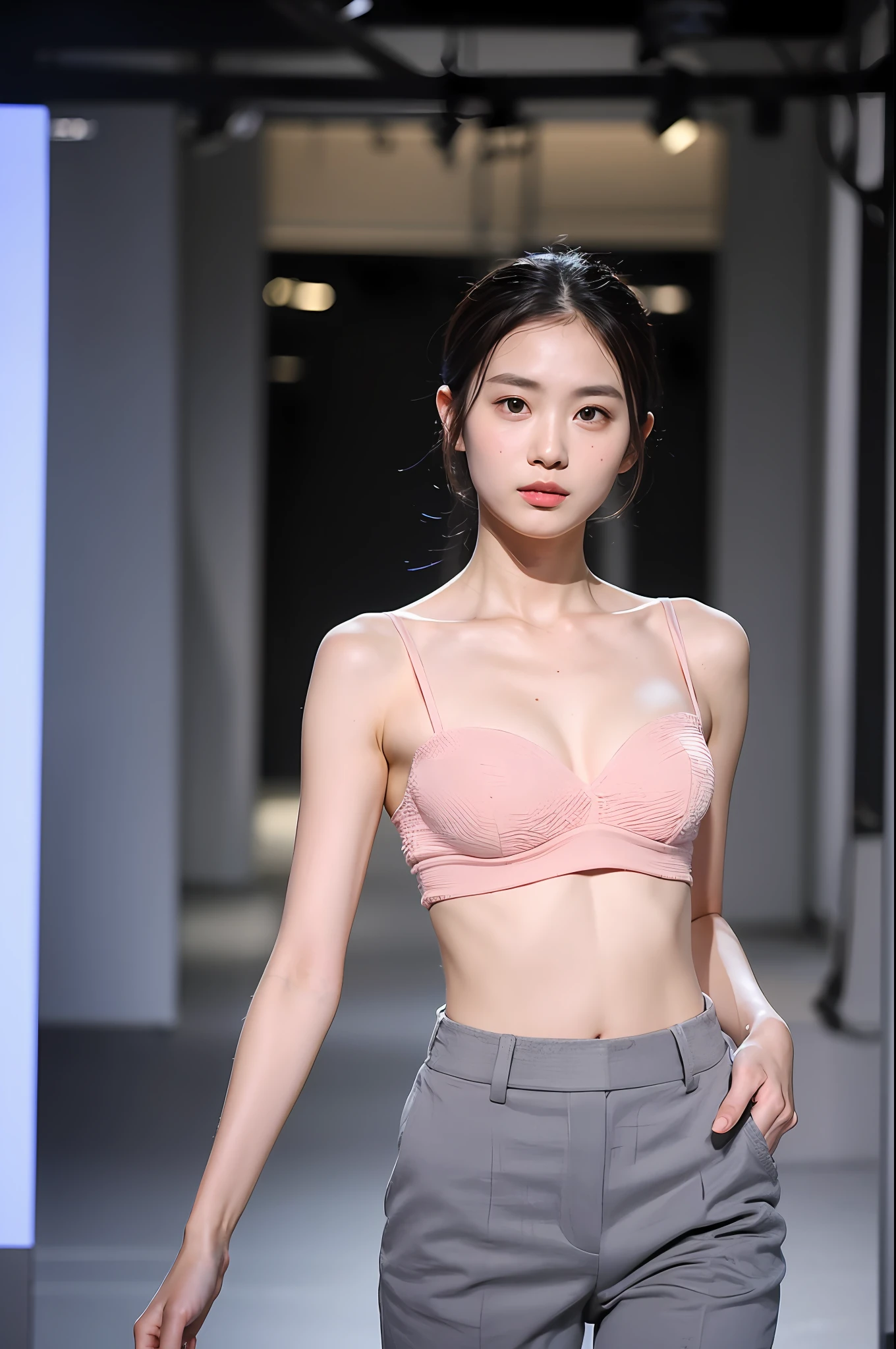 （Highly detailed body，Highly detailed face，the best quality：1.2） ，a woman with，Look at viewers，（Pink bandeau，Short black pants），（The catwalk in the background is unoccupied：1.4）