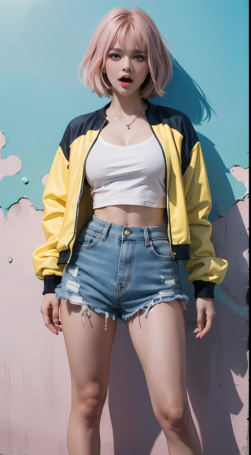 white 20yo female, blue eyes, ((yellow-blue-pink mix)) multicolor hair, (((surprised face, surprised gestures hands))), ((perfect expression blue eyes)), medium-short hairstyle, wearing pastel colorstyle cropped tshirt with stylish printed jacket and various shorts, large-breasted, take standing kawaii full body portrait, multicolor wall background, realistic shadow, starring at camera, rembrant colorful pastel theme, eos 5D mark iv with 75mm, ultra highres photography, 8k wallpaper, soft rim light, ((masterpiece, photorealistic, best quality, hyperdetailed:1.2)), pulling shirt, cleavage