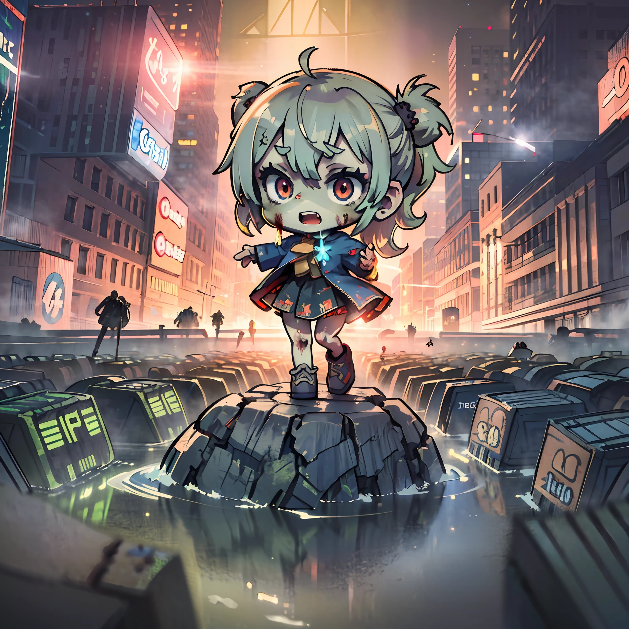 (award winning 8k concept art:1.3) of (mad (giant) zombie chibi, open mouth, scared crowd:1.3), extremely detailed background, darkness, flash, close to camera, sweet, front, epic, (masterpiece:1.4), (best quality:1.4), Amazing, beautiful, finely detailed, (Depth of field:1.4), 8k, fine art, stunning, (light reflections:1), (crisp:1.6), red twin tails, vibrant, (edge detection:1.4), absurdres, impressive, 120mm, clear, lens flare, wide shot, wide angle, scenery