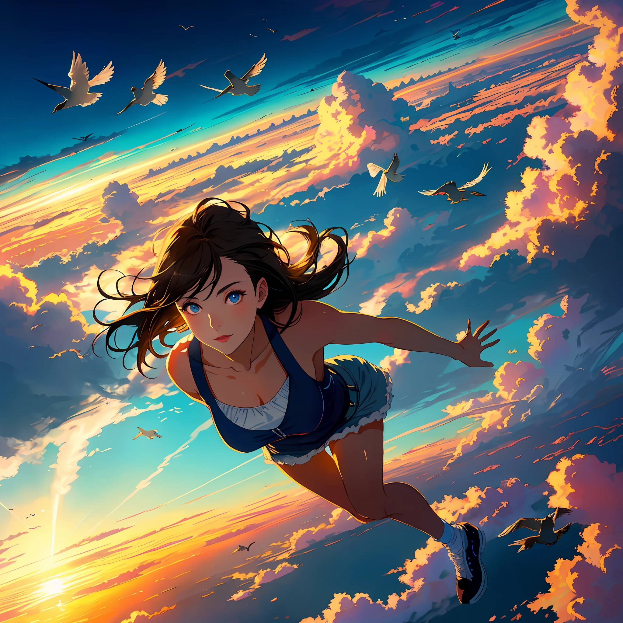 22yr old sexy girl flying through the clouds, looking at the city below, birds flying with her, magical, glowing floating petals floating around her, sunlight illumination, subtle partial clouds, sunlight lit clouds, sunset, beautiful scnenery (natural skin texture, hyperrealism, soft light, sharp), full body shot
