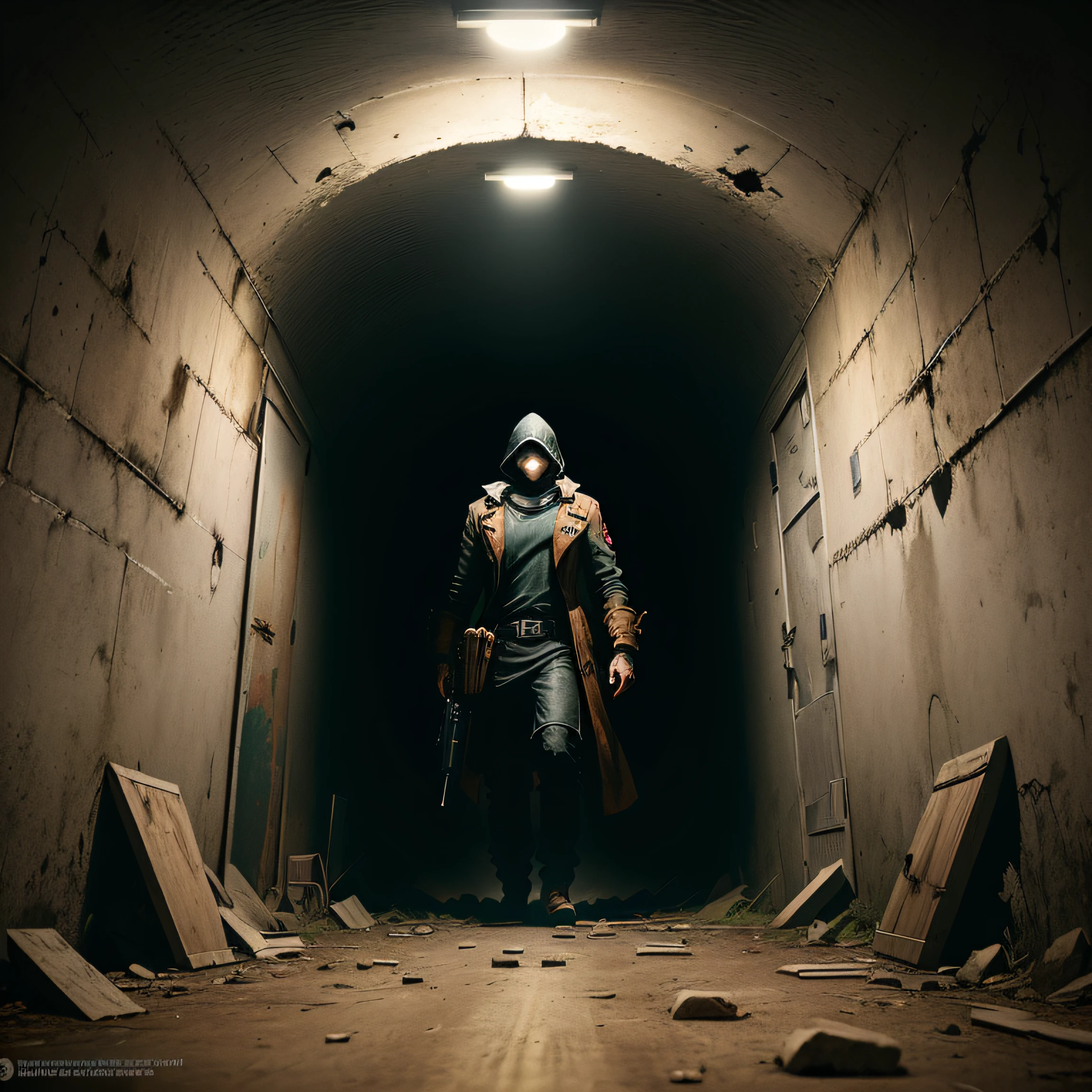 escenario de horror con sangre, Persona entrando al tunel con capucha y mochilla armado. Armas en la mano. Dentro de un tunel grande con miles de zombies atacando. Estilo Resident Evil o Silent Hill. Mostruo en la penumbra al fondo, mucha sangre en las paredes y en el piso