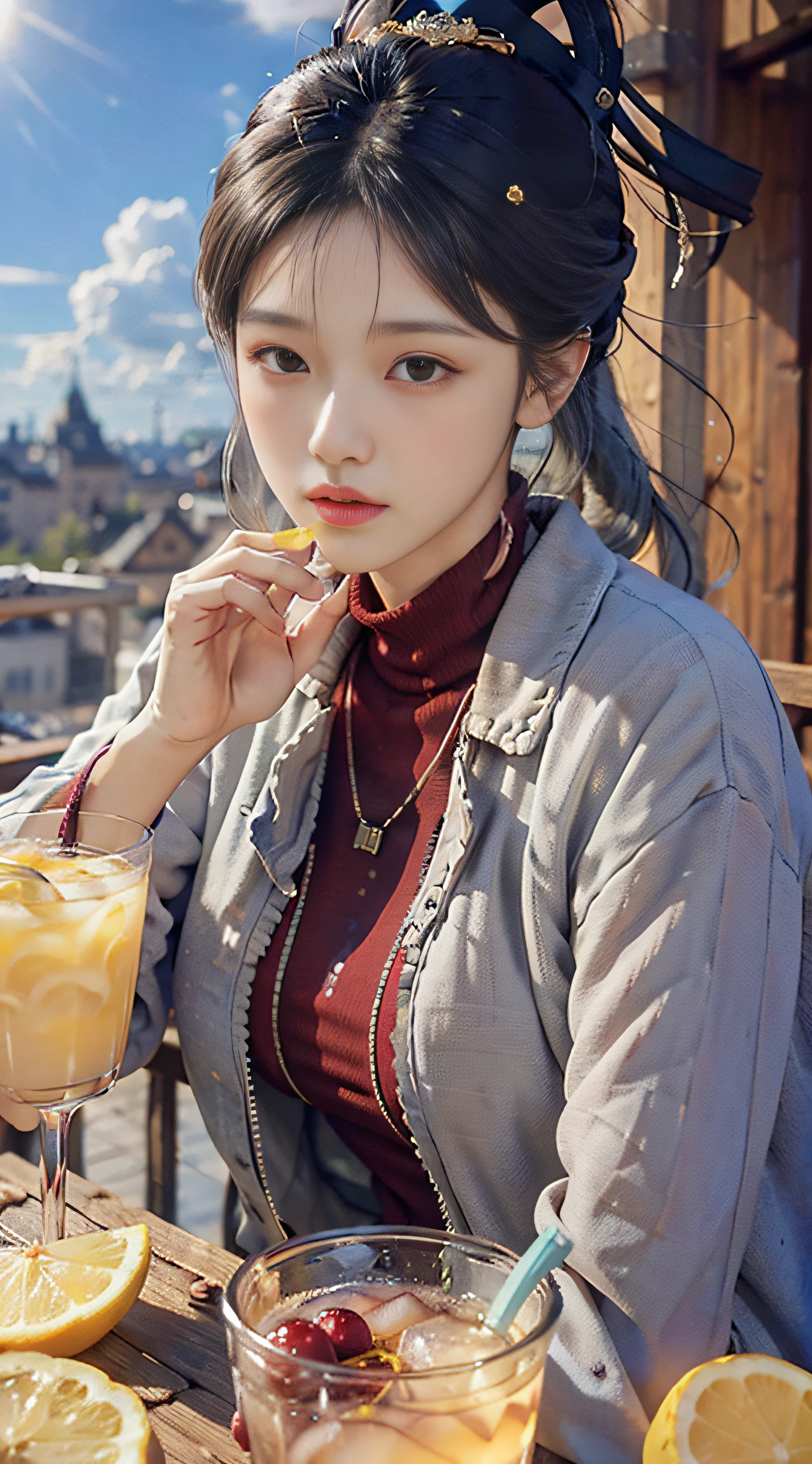 Gray sweater,Burgundy leather coat,Gray hair,Ethereal atmosphere,Soft drinks made with ice cubes and lemon juice,Sunny with blue sky,beautiful cloud