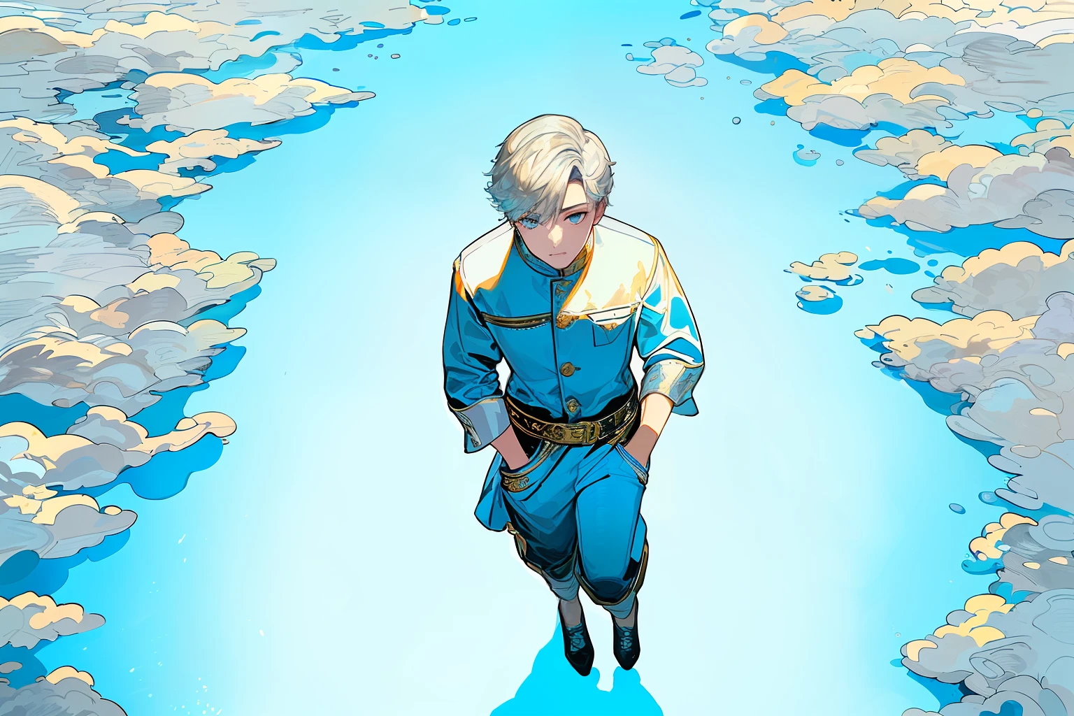 masterpiece,(best quality),(1boy) ,solo,(high contrast:1.2),(high saturation:1.2), ((hands on the pocket)),((merchant clothes)),looking at viewer,((silver and light gold theme:1.3)),((white and light blue background:1.5)),blonde,blue eyes,((walking:1.3)),full body,black footwear,((the light blue water on sky and white cloud and day)),((from above:1.2)),Ink painting