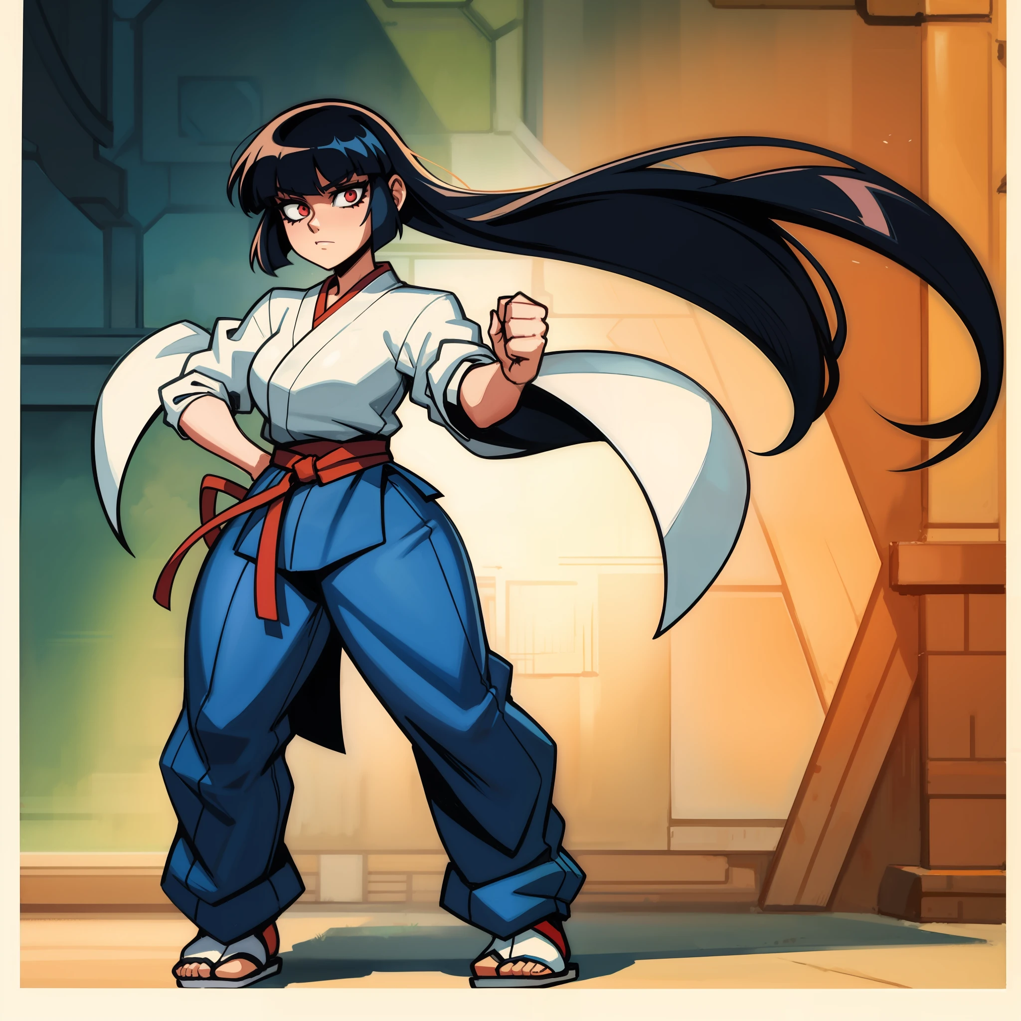 sexy asian female, Masterpiece, 4K, karate_gi, wearing karate gi, [retro anime art style], old anime, 1980s \(style\), 1990s \(style\), watercolor \(medium\), ((best quality)), ((masterpiece)), [detailed], [anime and manga image], [captivating], [enchanting], [narrow hips], [small breasts], [wide hips], [ultra detailed hands], [large ass], 1girl, full body portrait,body Outline emphasis:1.2,lineart:1.1, traditional Media, full body focus, solo, fighting stance