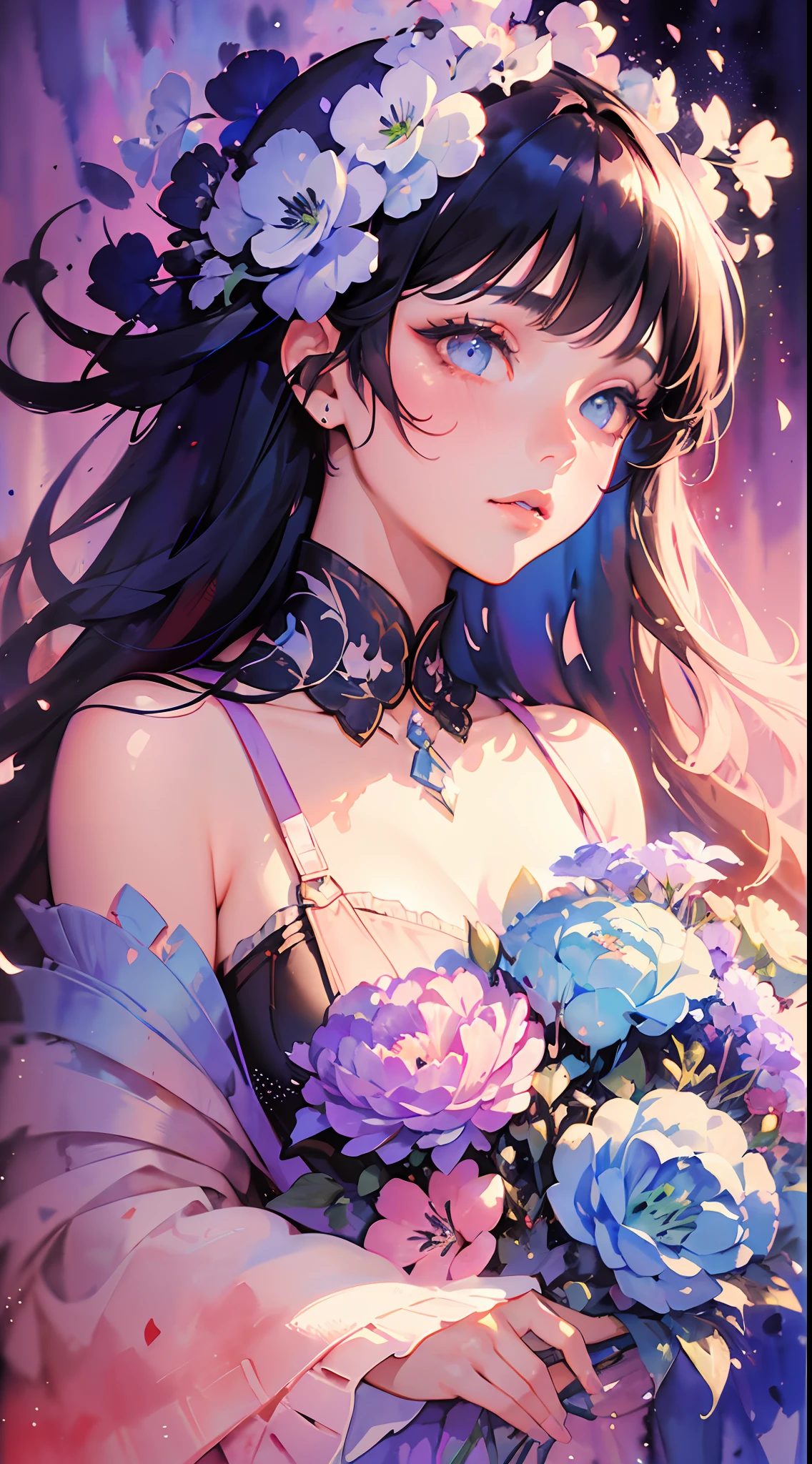 1girl,flower, Lisianthus ,in the style of light pink and light azure, dreamy and romantic compositions, pale pink, ethereal foliage, playful arrangements,fantasy, high contrast, ink strokes, explosions, over exposure, purple and red tone impression , abstract, ((watercolor painting by John Berkey and Jeremy Mann )) brush strokes, negative space,