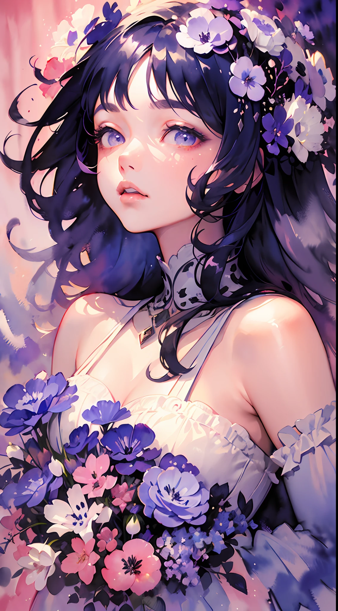 1girl,flower, Lisianthus ,in the style of light pink and light azure, dreamy and romantic compositions, pale pink, ethereal foliage, playful arrangements,fantasy, high contrast, ink strokes, explosions, over exposure, purple and red tone impression , abstract, ((watercolor painting by John Berkey and Jeremy Mann )) brush strokes, negative space,