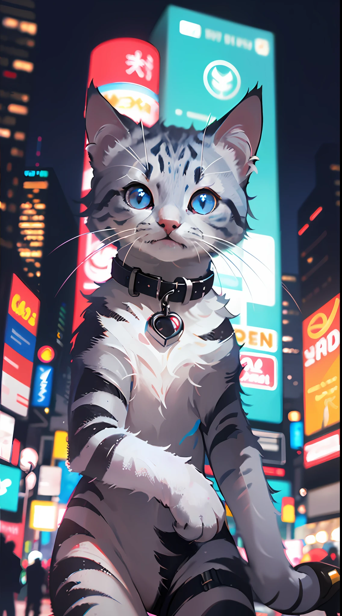 (best quality) a short and (ultra-detailed) blue-gray kitten with (cool twinkling) eyes stands confidently in front of a (blurry city) backdrop of neon lights and high-rise buildings in the distance. The contrast of the (fashionable) kitten against the heavily urban scene emphasizes the (arrogance).