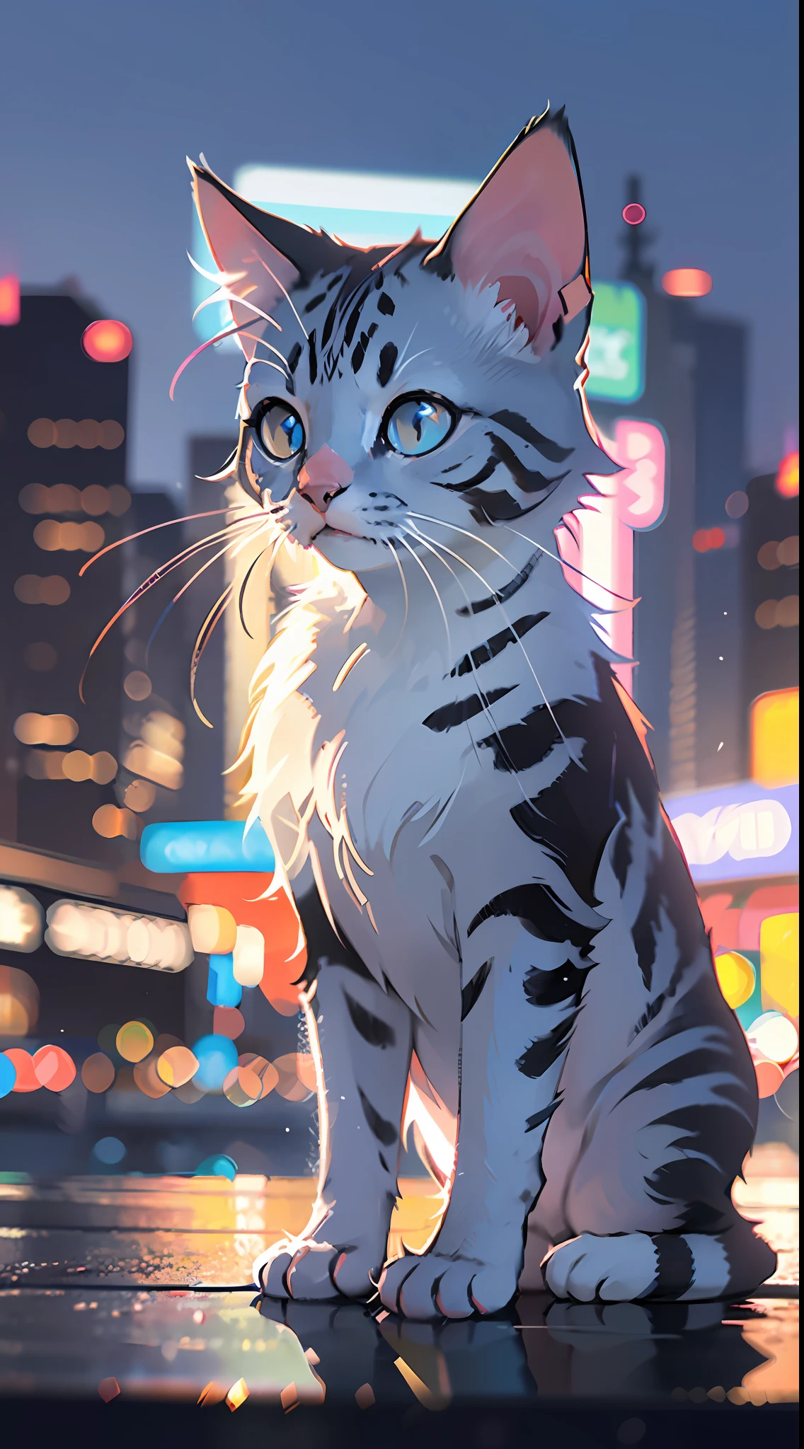 (best quality) a short and (ultra-detailed) blue-gray kitten with (cool twinkling) eyes stands confidently in front of a (blurry city) backdrop of neon lights and high-rise buildings in the distance. The contrast of the (fashionable) kitten against the heavily urban scene emphasizes the (arrogance).