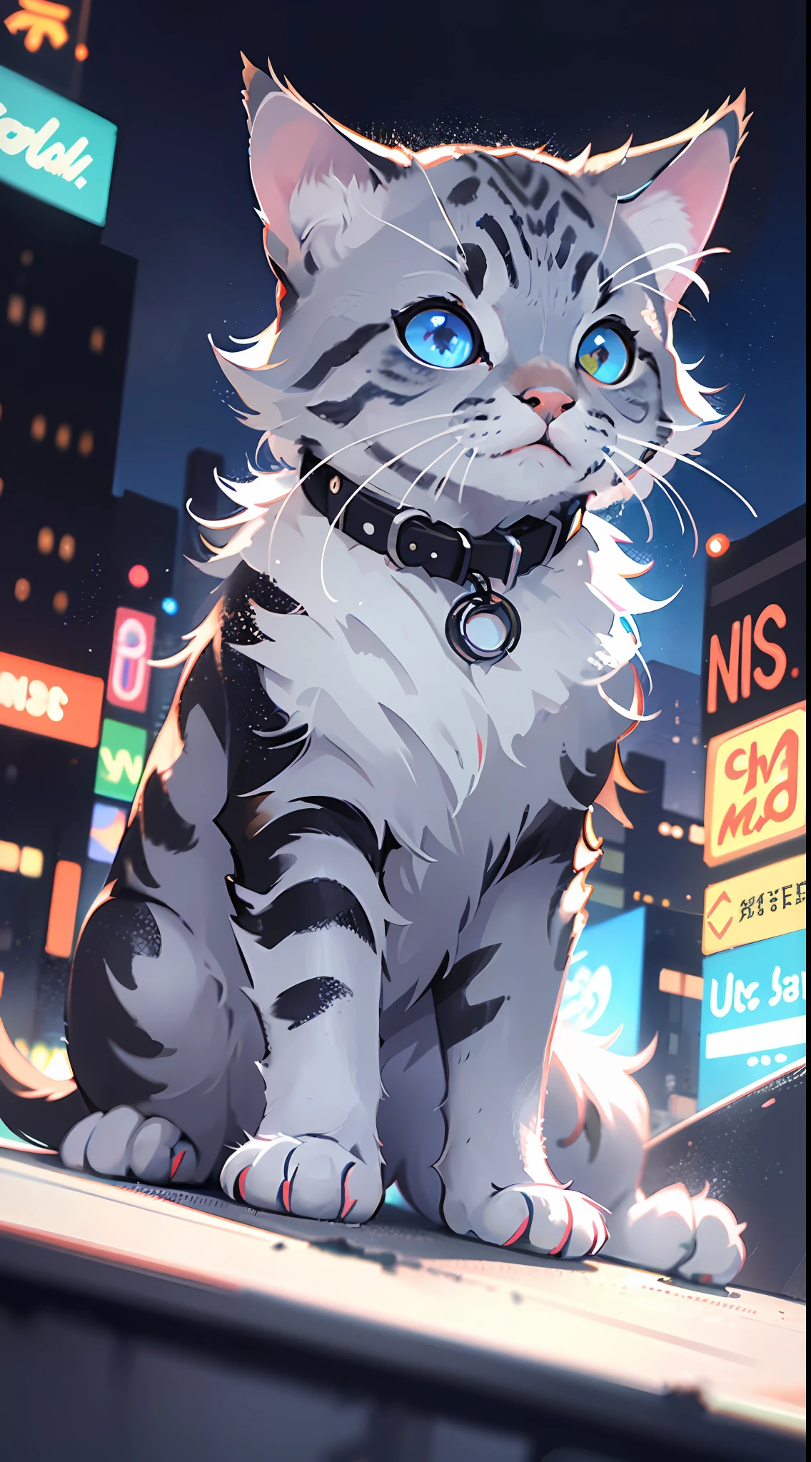 (best quality) a short and (ultra-detailed) blue-gray kitten with (cool twinkling) eyes stands confidently in front of a (blurry city) backdrop of neon lights and high-rise buildings in the distance. The contrast of the (fashionable) kitten against the heavily urban scene emphasizes the (arrogance).