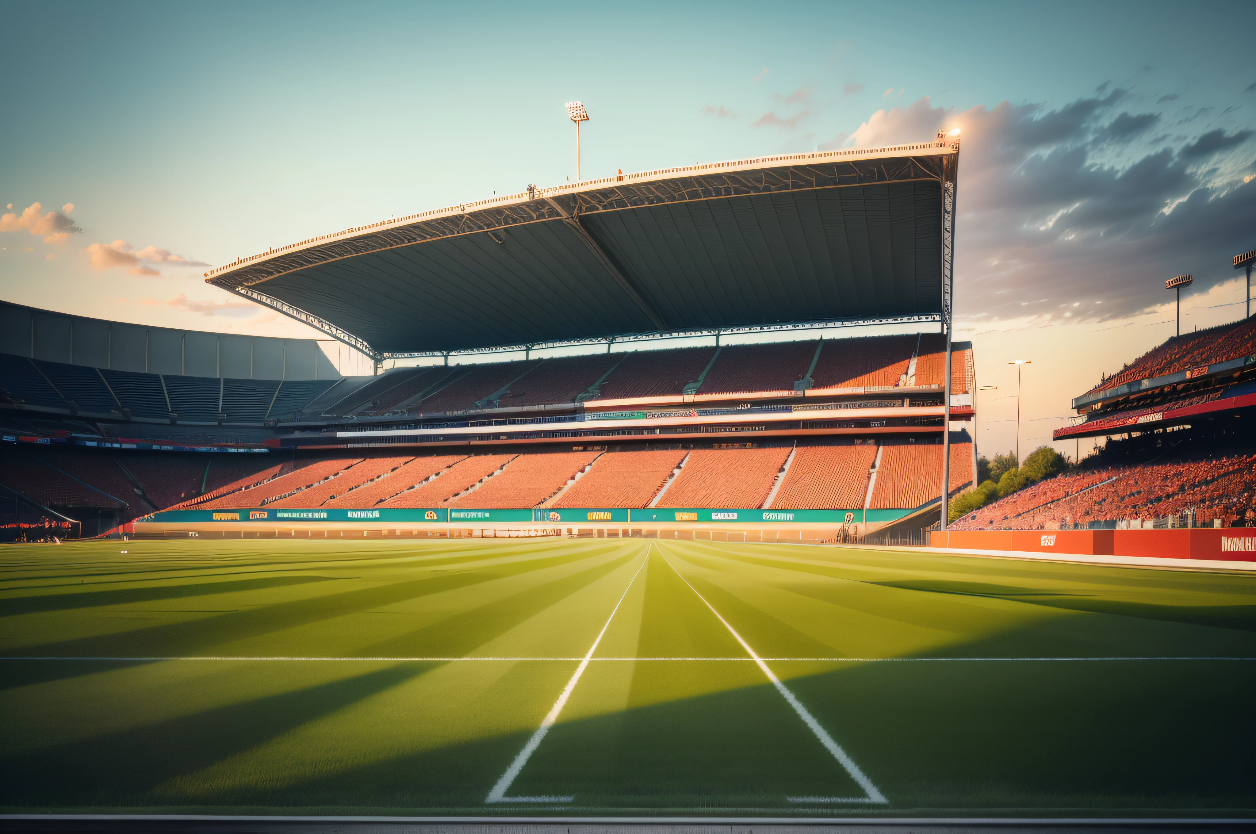 there is a view of a track with a green field, on a racetrack, , stadium setting, dreary atmosphere, blue-sky, Ground View, wide long view, crowded stands, stadium landscape, center straight composition, , ground - level view, ground-level view clear Sunnyday skyward suns