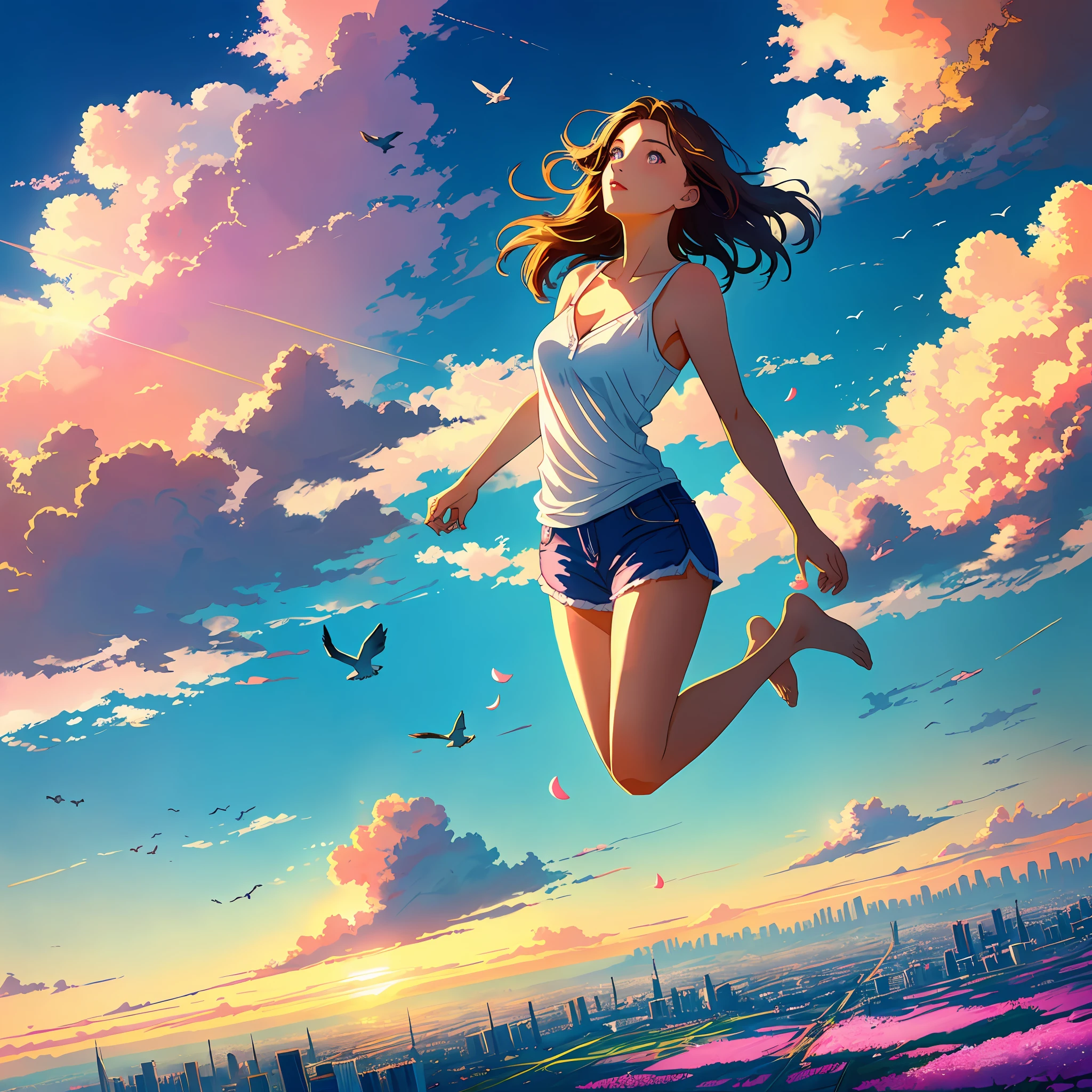 22yr old sexy girl flying floating in the sky through the clouds, visible city below, birds flying in background, magical, glowing floating petals floating around her, sunlight illumination, sunlight lit clouds, sunset, beautiful scenery (natural skin texture, hyperrealism, soft light, sharp), full body shot