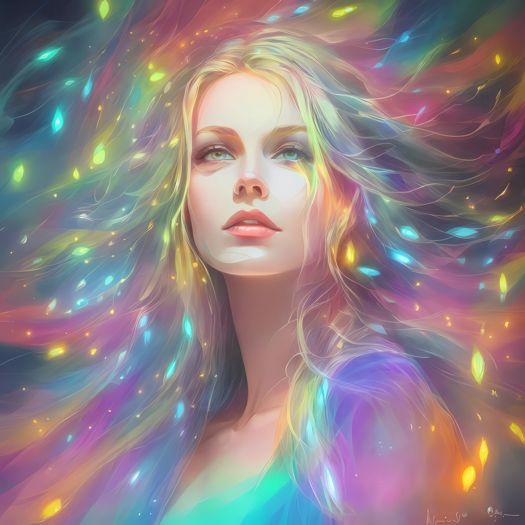 A night painting of an abstract ethereal semi - transparent most beautiful woman in the world with perfect facial proportions among fireflies rainbow light impressive skies