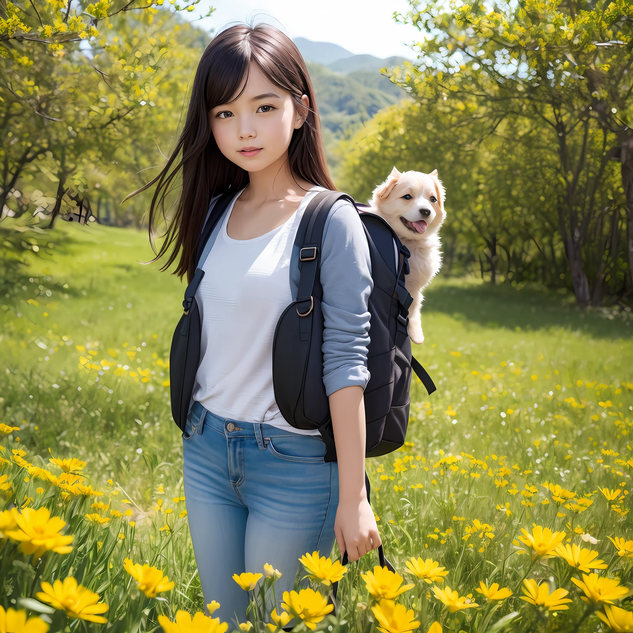 Unbelievably charming little girl with backpack with adorable puppy enjoying a lovely spring outing surrounded by beautiful yellow flowers and natural scenery. These illustrations feature highly detailed facial features and cartoon-style visuals in high definition with 4K resolution.Make them stare straight ahead --auto