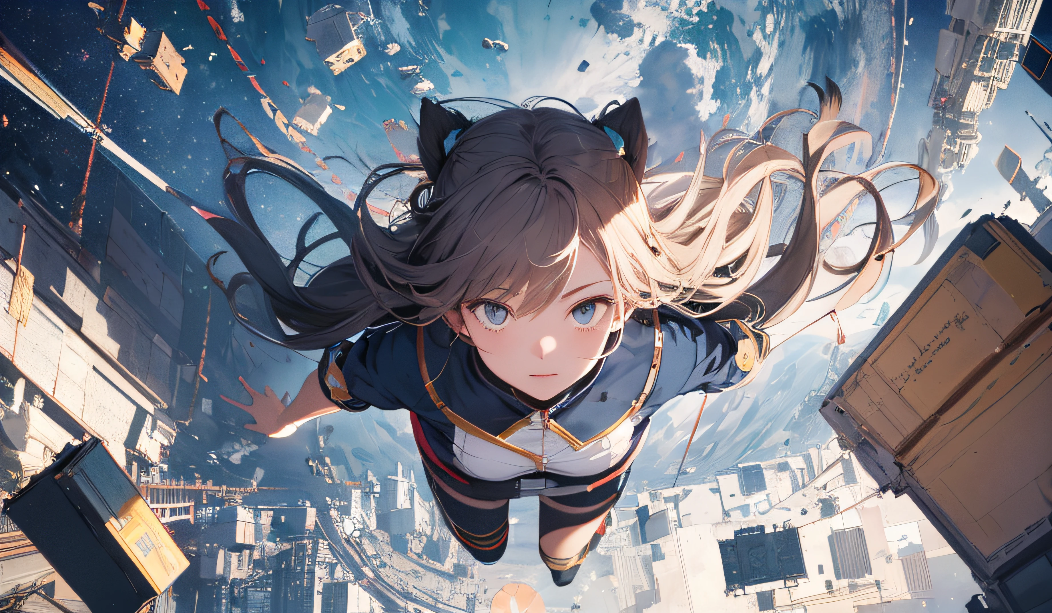 absurd res, high res, (masterpiece:1.4), ultra-detailed, 1girl, from above, space, floating