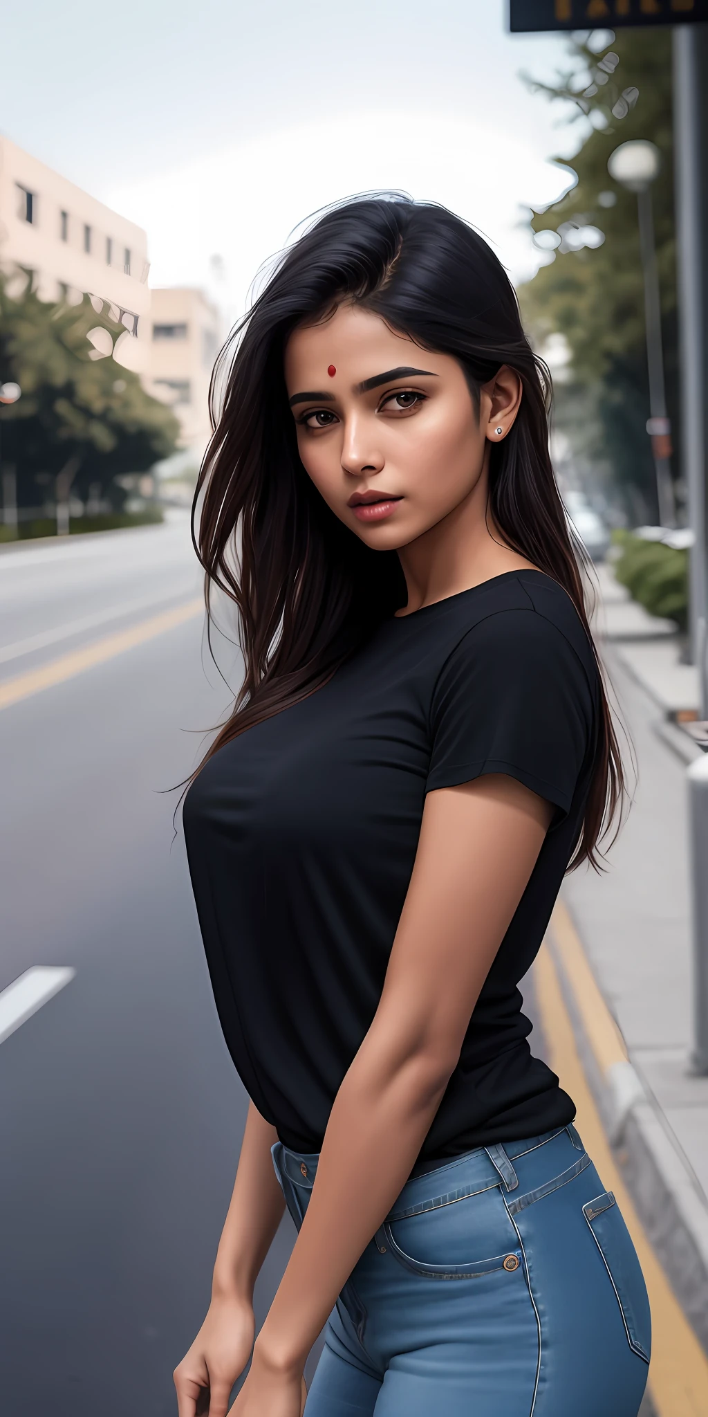beautiful mature Indian college girl, in black basic round neck Teeshirt with skinny jeans, outside on road, traffic, buildings, firm breasts, photorealistic, photo, masterpiece, realistic, realism, photorealism, high contrast, photorealistic digital art trending on Artstation 8k HD high definition detailed realistic, detailed, skin texture, hyper detailed, realistic skin texture, armature, best quality, ultra high res, (photorealistic:1.4),, high resolution, detailed, raw photo, sharp re, by lee jeffries nikon d850 film stock photograph 4 kodak portra 400 camera f1.6 lens rich colors hyper realistic lifelike texture dramatic lighting unrealengine trending on artstation cinestill 800,