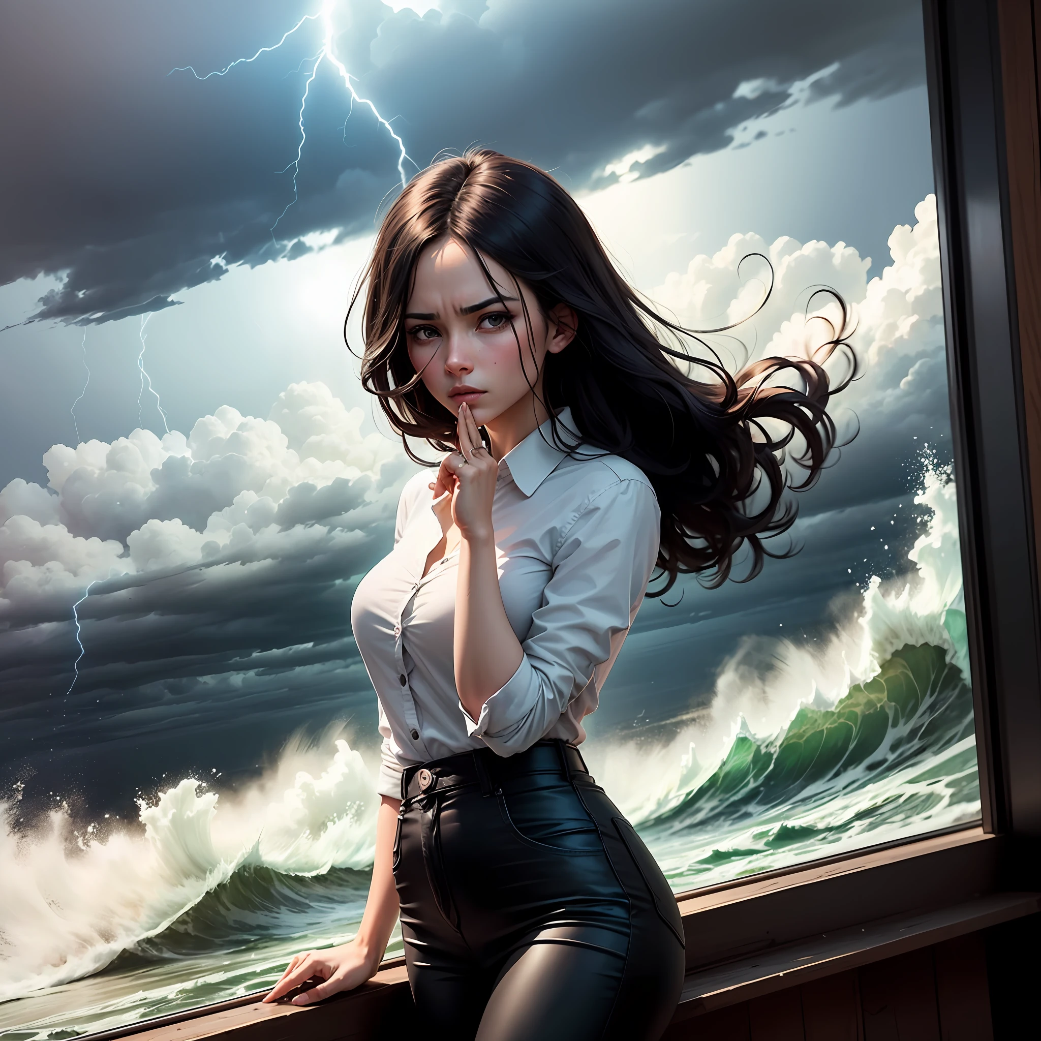 A man and a woman, a person standing, tranquilos e serenos, no meio de uma tempestade. Enquanto os elementos externos, como chuva, wind and thunder, are agitated and turbulent around you, This person maintains a firm posture, mantendo a calma interior. --auto