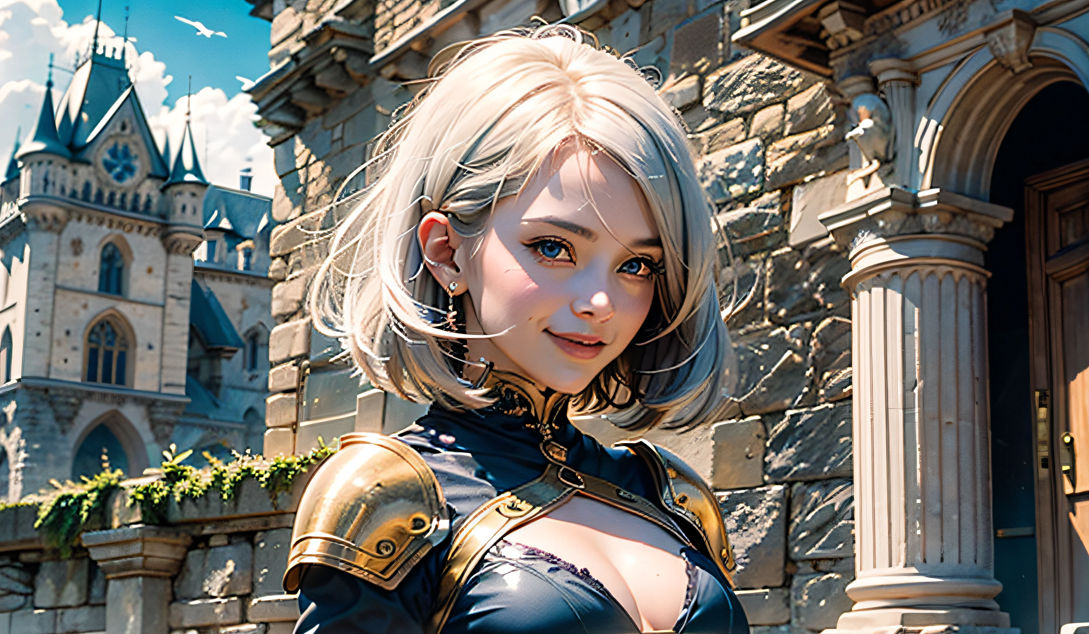 fullllbody、White-haired、(dragoon: 1.2)、Brantovan、шедевр、beste-Qualit、offcial art、Highly elaborate CG Unity 8K wallpapers、For girls、Super-High Resolution、(photo- realistic:1.4)、Golden Hour Lighting、Medieval armor、(Upper body body)、(Platinum Shorthair:0.8)、(Puffy eyes)、watch audience、Front-facing、a smile、mideum breasts、Gentle smile、shirts lift、Medieval castle scenery
