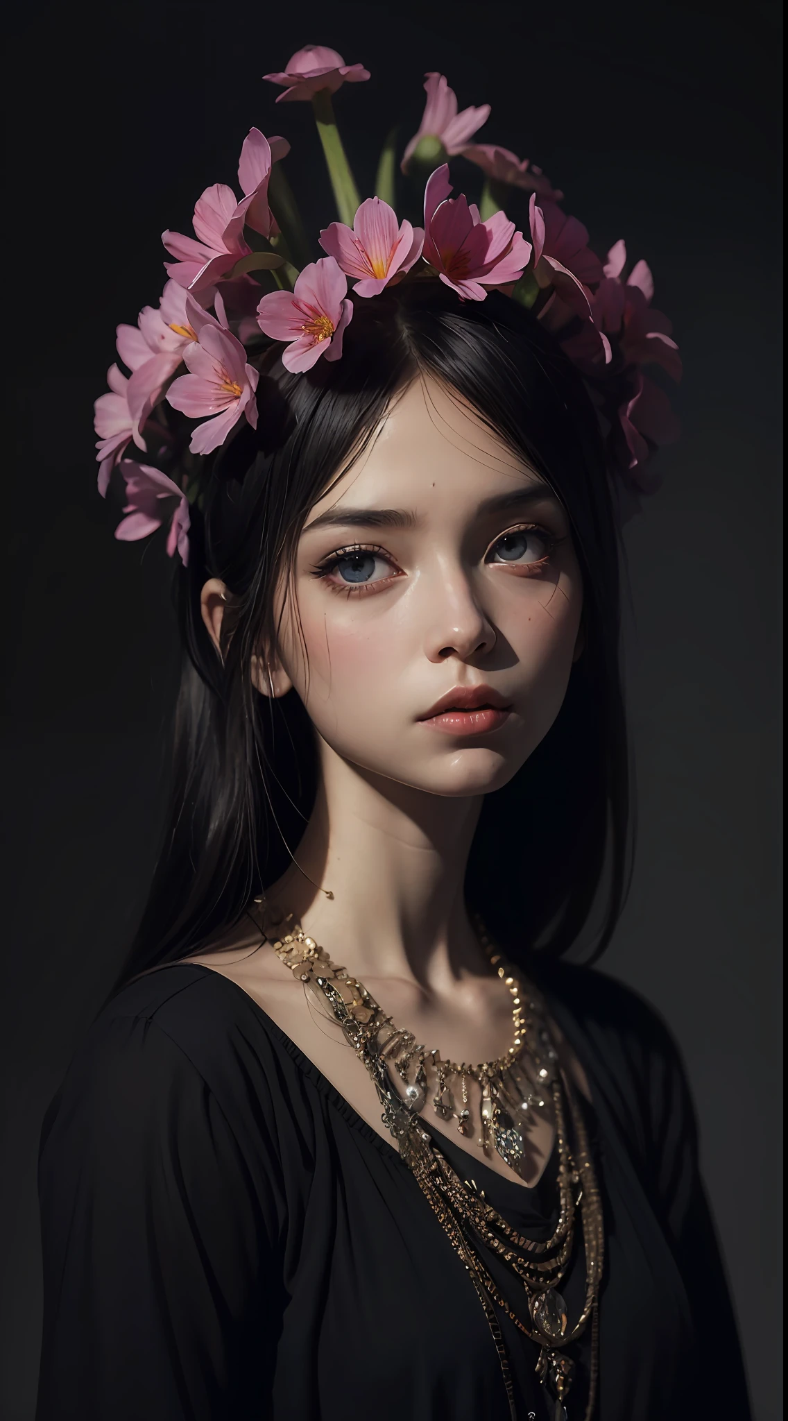 ((masterpiece, best quality)), 1girl, beautiful detailed eyes, ruby eyes, vivid, flower, hyacinth, falling petals, Beksinski, artem demura, an ultrafine detailed painting, neoplasticism,