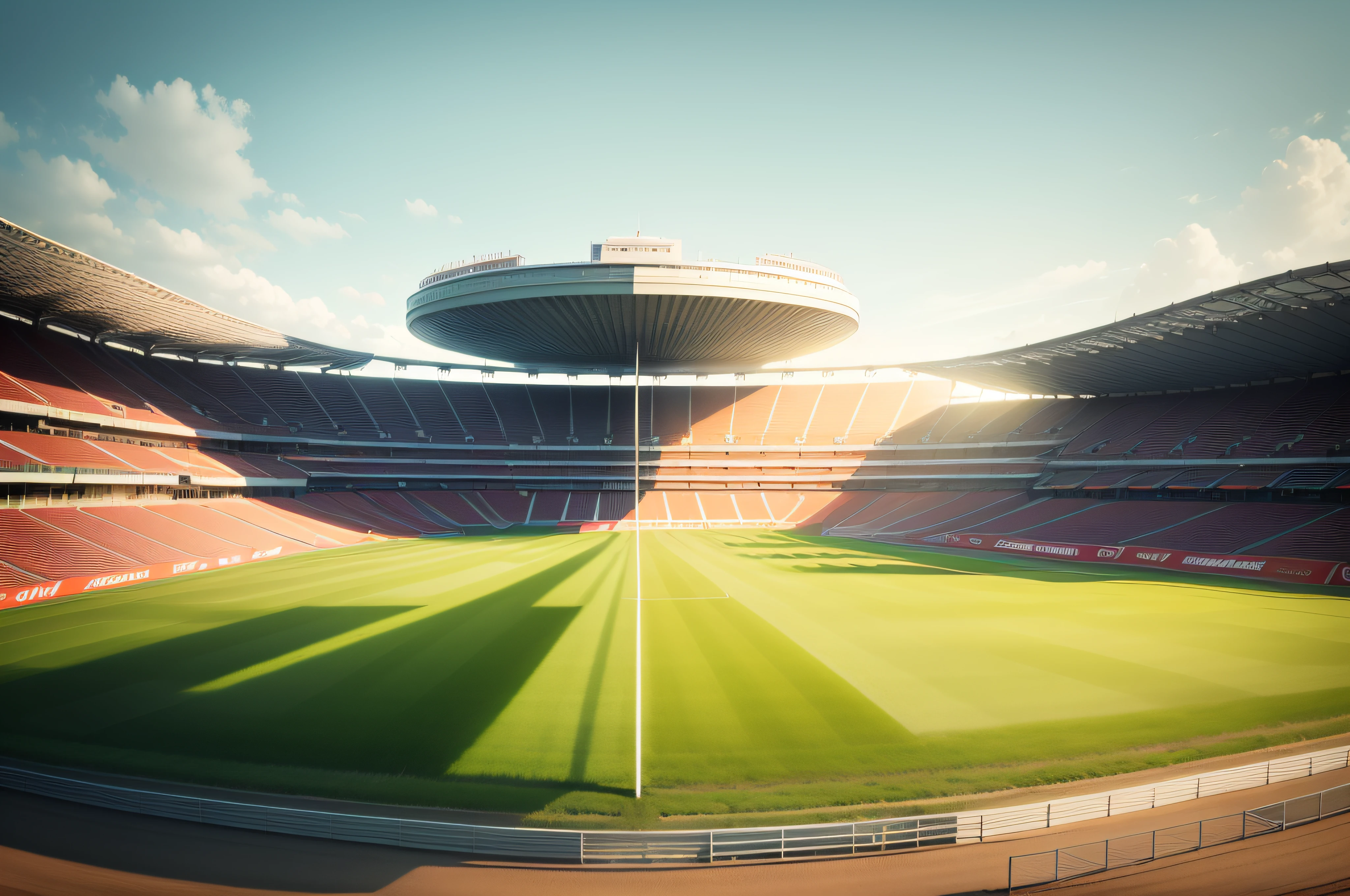 there is a view of a track with a green field, on a racetrack, , stadium setting, dreary atmosphere, blue-sky, Ground View, wide long view, crowded stands, stadium landscape, center straight composition, , ground - level view, ground-level view clear Sunnyday skyward suns