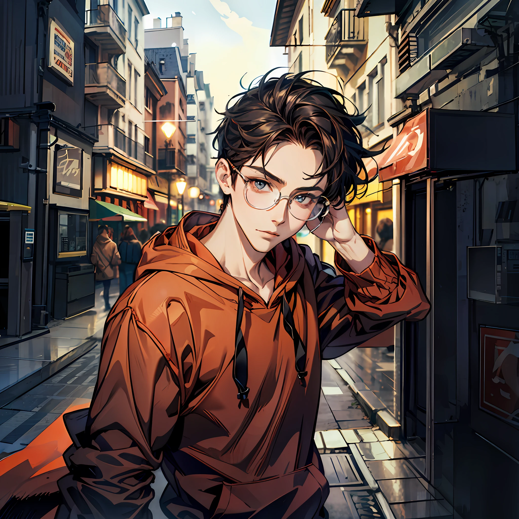 anime boy in glasses and a brown hoodie walking down a street, digital anime illustration, Portrait de style anime, anime portrait of a handsome man, Style anime masculin, realistic anime art style, artwork in the style of guweiz, high quality portrait, young anime man, dans un style anime, high quality anime artstyle, digital anime art, dans le style anime
