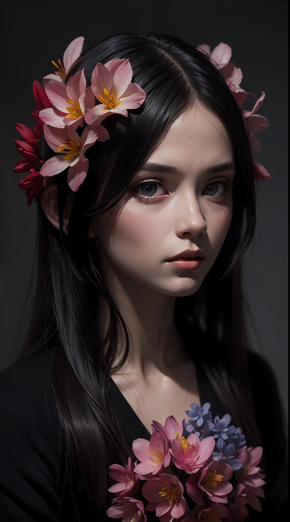 ((masterpiece, best quality)), 1girl, beautiful detailed eyes, ruby eyes, vivid, flower, hyacinth, falling petals, Beksinski, artem demura, an ultrafine detailed painting, neoplasticism,